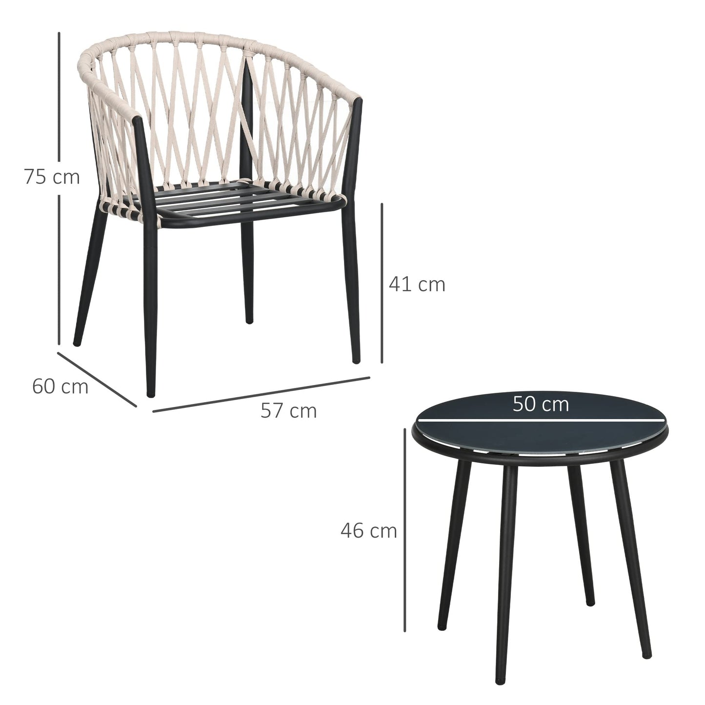Outsunny Conjunto de Muebles de Jardín 3 Piezas Juego de Muebles de Terraza Incluye Mesa con Encimera de Vidrio Templado y 2 Sillones con Cojines Reposabrazos de Cuerda Polipropileno Gris