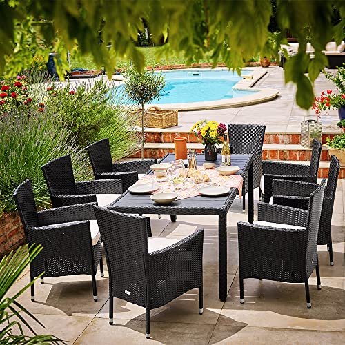 CASARIA Conjunto de Jardín para 8 Personas 1 Mesa y 8 Sillas Apilables de Poliratán Negro Muebles de Exterior