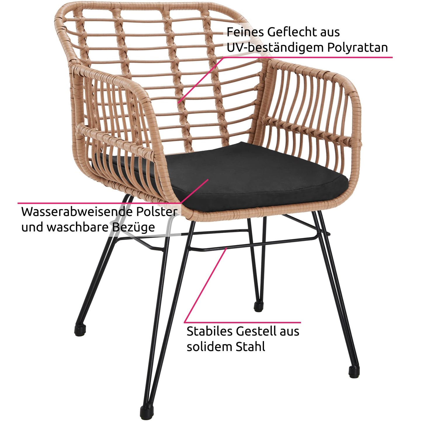 TecTake® Conjunto Jardín Exterior de Ratán y Acero para 2 Personas, Muebles Jardín Exterior Resistentes a Intemperie, 2 Sillas con Cojines (Fundas Extraíbles), 1 Mesa con Cristal - Natural