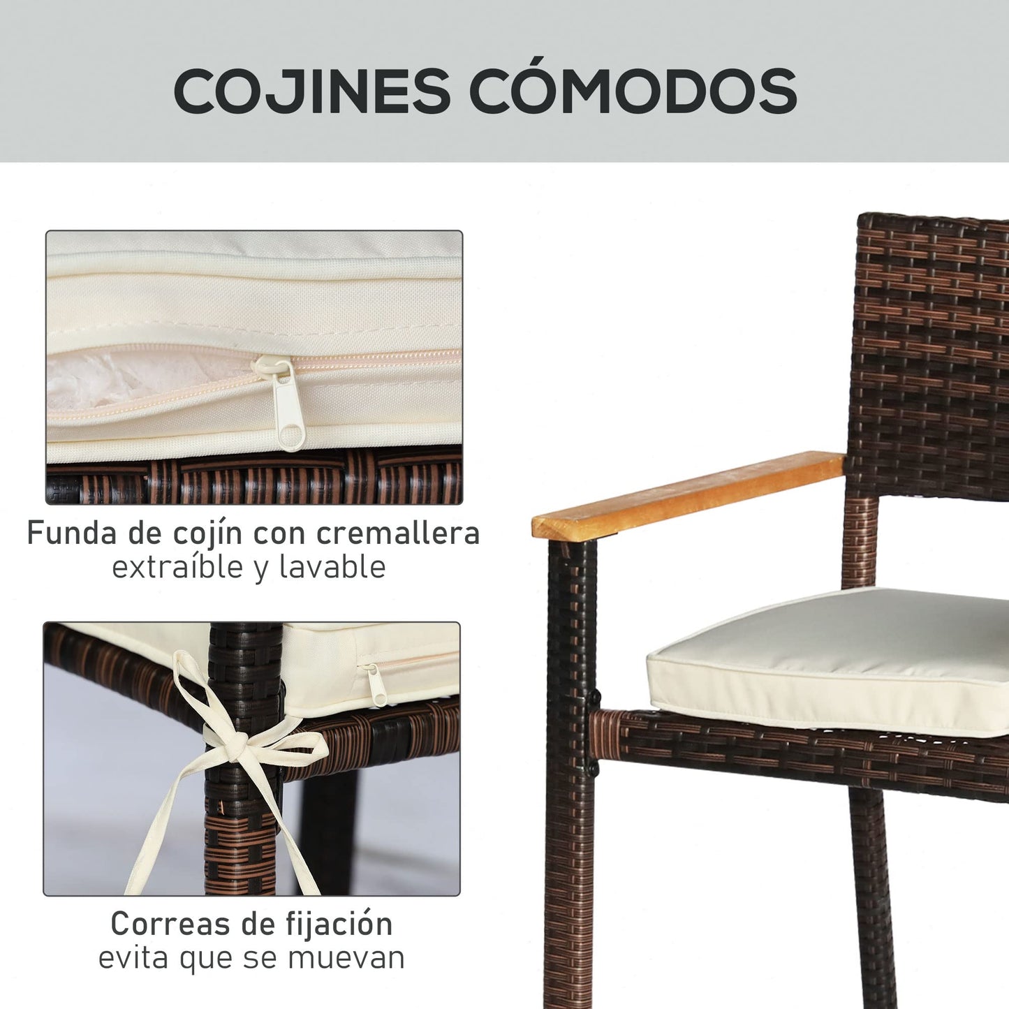 Outsunny Conjunto Muebles de Ratán Sintético para Jardín 7 Piezas Juego de Comedor de Mimbre para Exteriores con 6 Sillas con Cojines y Mesa 150x90x74 cm y 50x55x88 cm Marrón