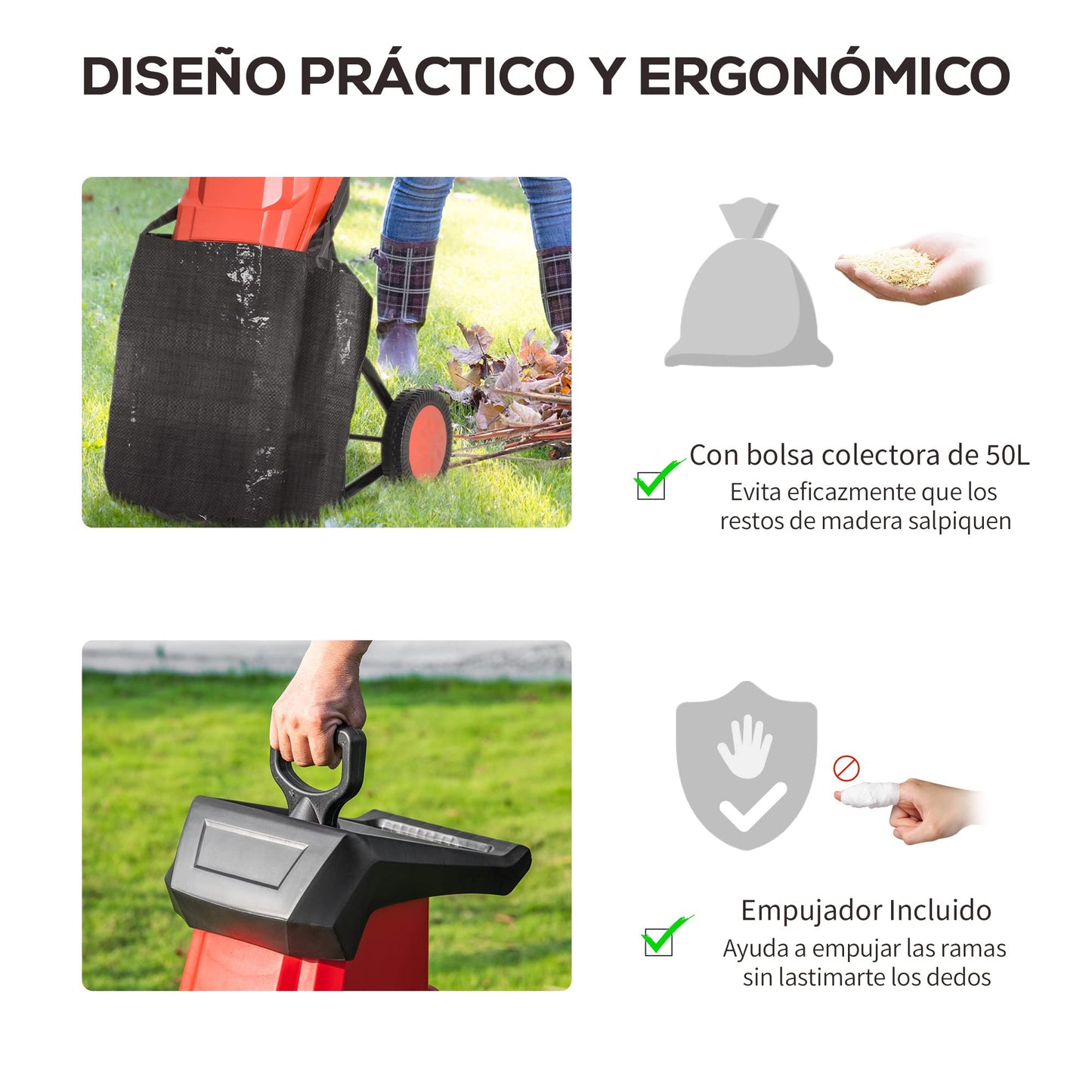 Outsunny Trituradora de Jardín 2500W con 2 Cuchillas de Volteo hasta Ø40 mm de Ramas Bolsa de Recolección de 50L y Ruedas para Malas Hierbas 52x39x89 cm Negro y Rojo