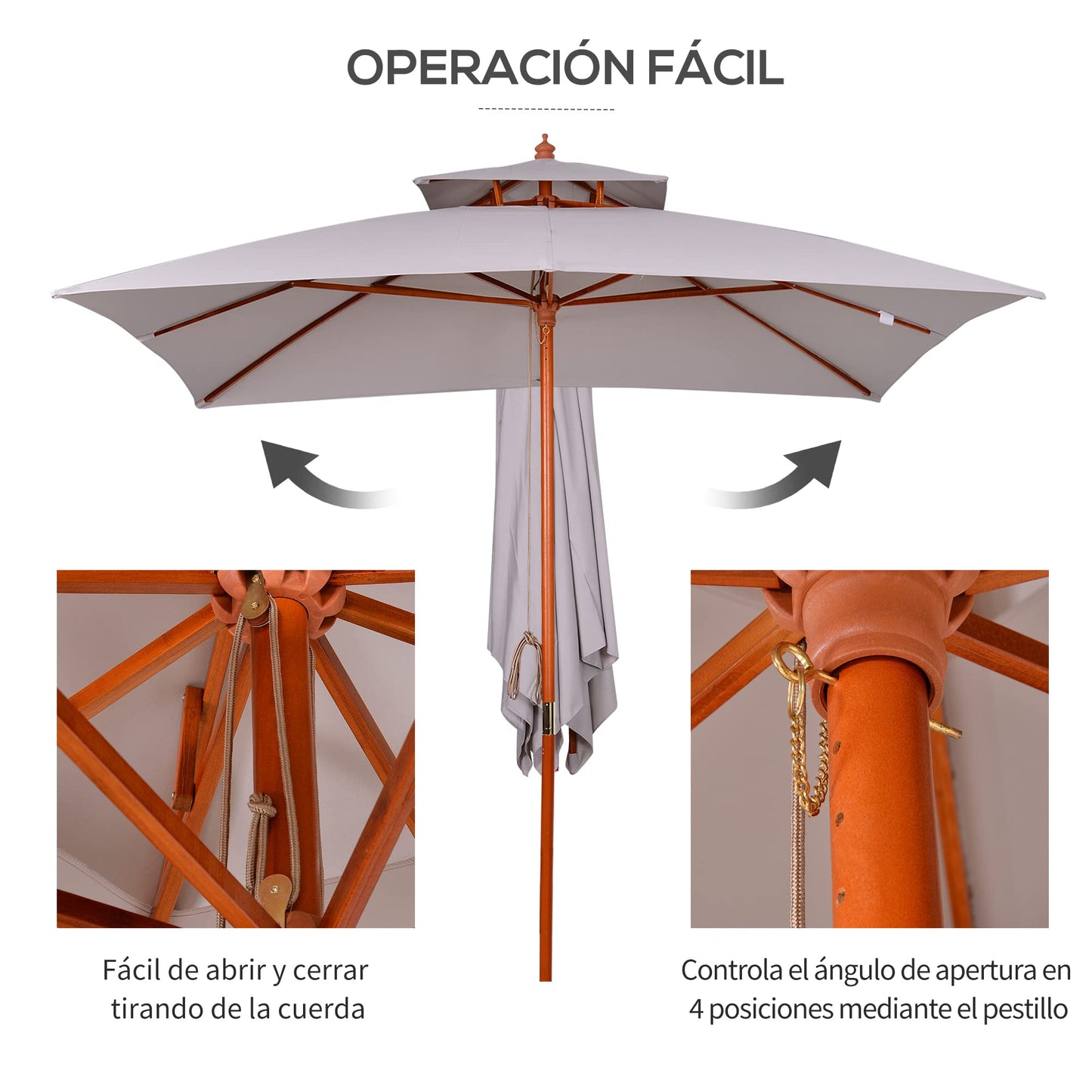 Outsunny Sombrilla de Jardín 3x3x3 m Parasol de Jardín de Bambú con Doble Techo Sistema de Polea Impermeable para Terraza Balcón Exterior Gris
