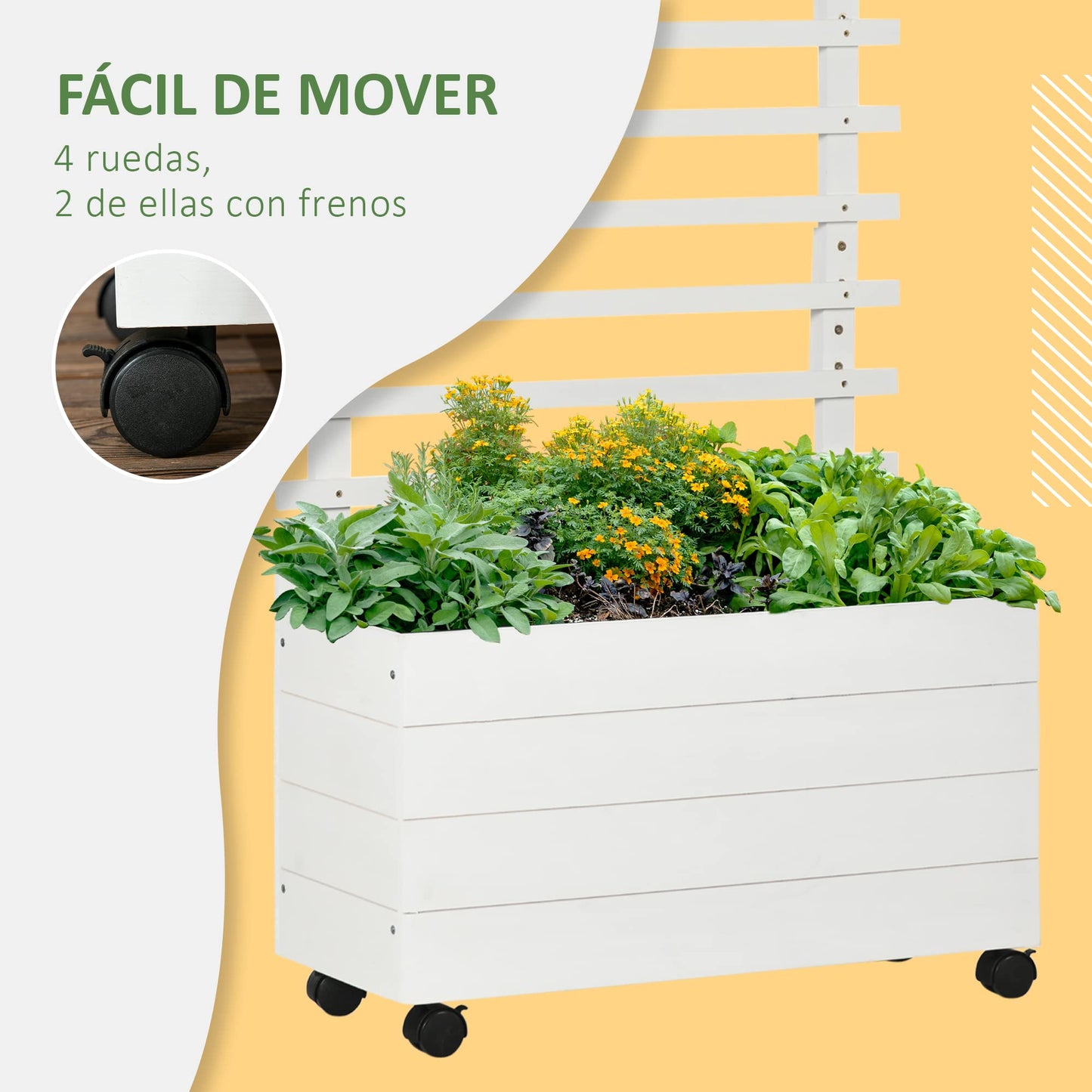 Outsunny Jardinera con Enrejado de Madera Maciza con 4 Ruedas Macetero de Jardín con Soporte para Trepadora y Tela Geotextil para Cultivos Plantas Flores 76x30x155 cm Blanco