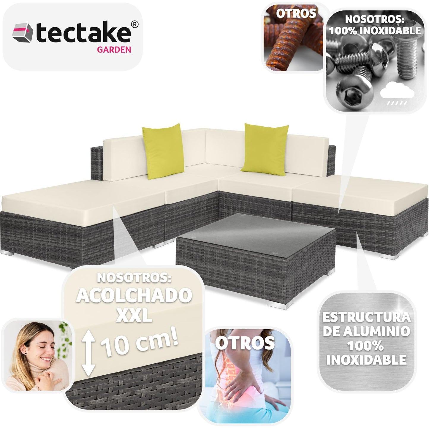 TecTake® Conjunto Jardín en Ratán y Aluminio con Cojines de 10 cm, Conjunto Terraza Resistente a la Intemperie, Muebles Jardín Exterior 3 Sillones, 1 Puf, 1 Mesa con Cristal, Fundas Extraíbles - Gris