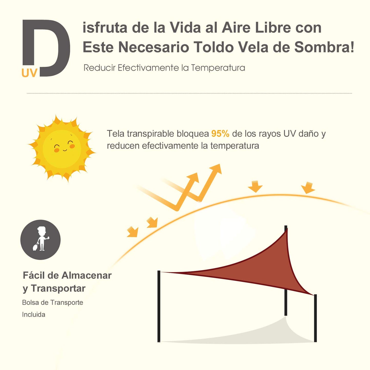 Toldo Vela 3x3x3m Triangulo Color Rojo Sombrilla Parasol Terraza Jardin Camping