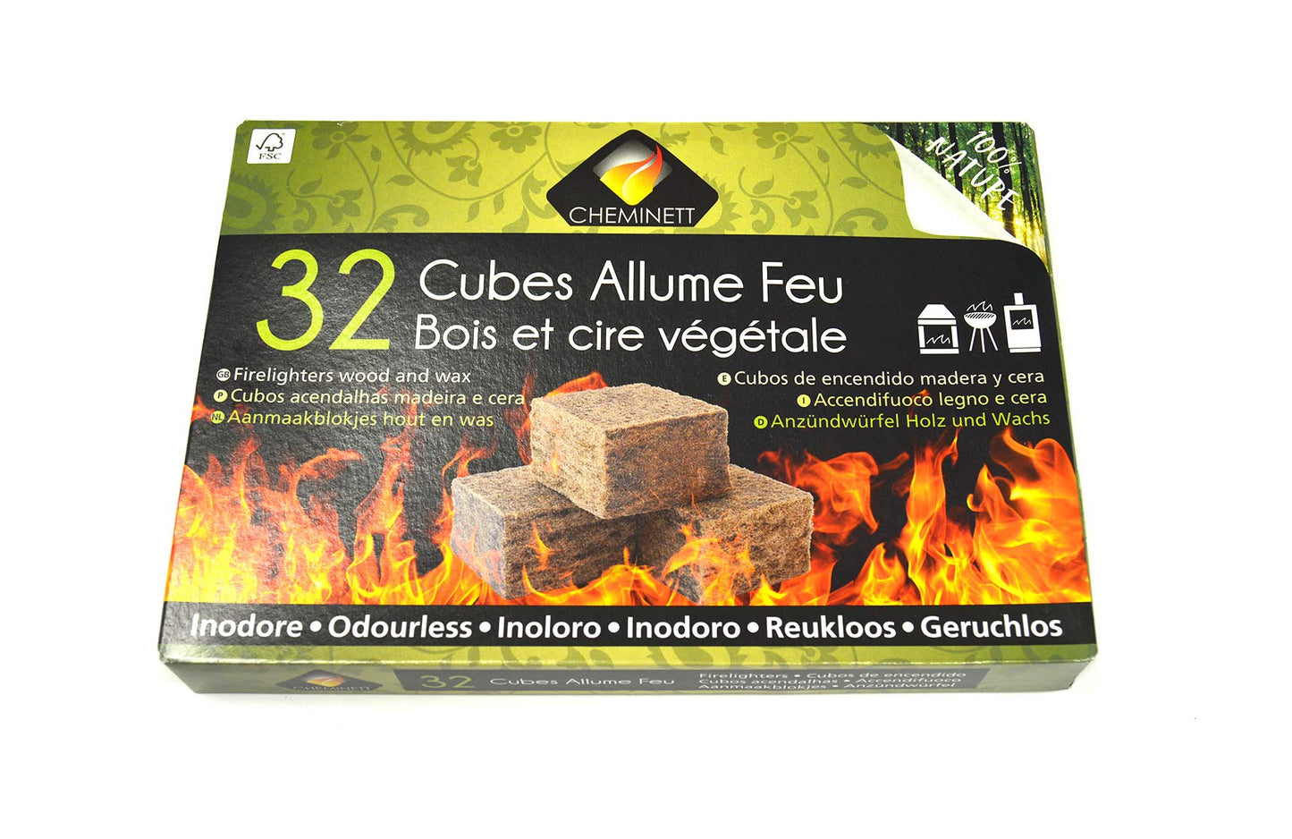 CHEMINETT 15751-32 Cubos Encendido precortados Cheminett naturales para encender chimeneas, estufas y barbacoas