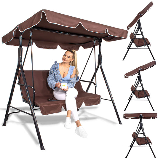 Springos Luna - Columpio de jardín con toldo, banco del columpio para 3 personas, alto x ancho x profundidad: 150 x 170 x 110 cm, color marrón