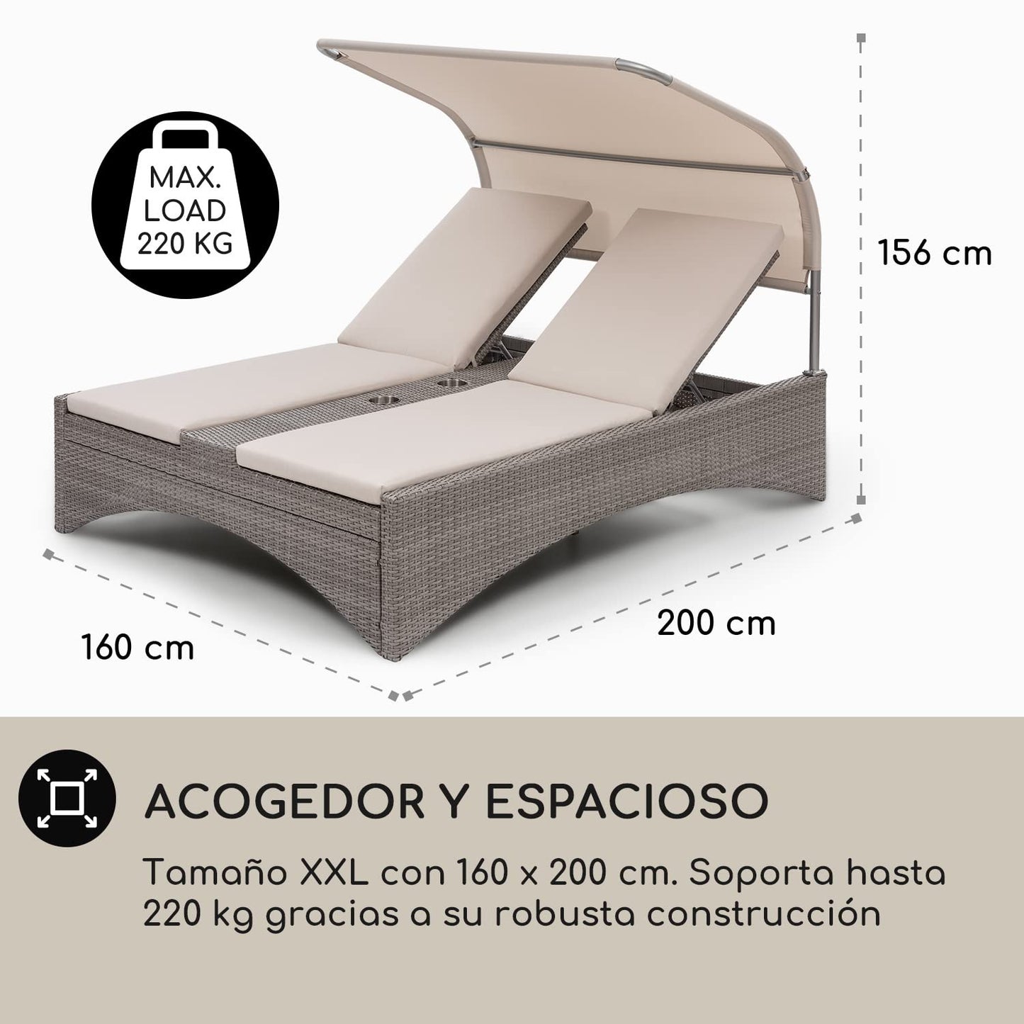 blumfeldt Cama/Tumbonas Jardin Exterior, Tumbona Doble de Ratán con Techo Solar Impermeable, para Piscina 2 Plazas, Sofá Ratán, Hamacas Respaldo Ajustable