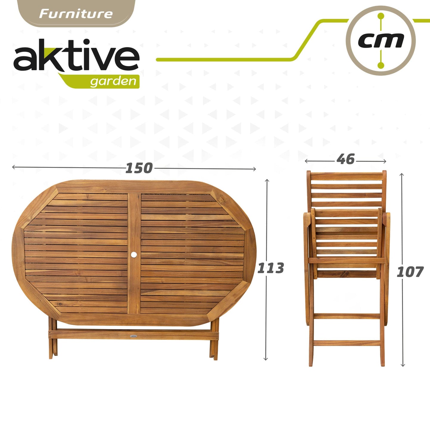 AKTIVE 61002 - Conjunto mesa y sillas de madera para jardín y terraza, incluye mesa plegable 150 x 89 x 74 cm y 6 sillas de madera con cojín