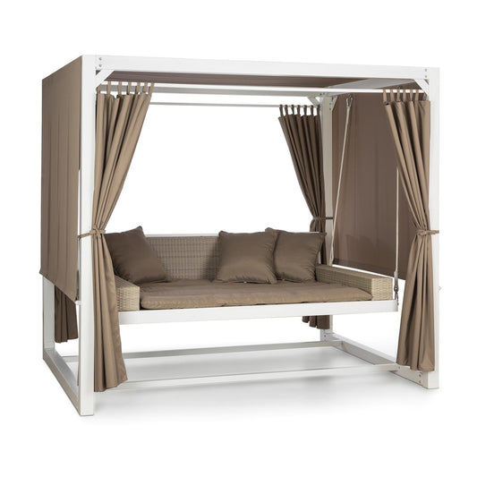 Blumfeldt Columpio Jardin Exterior XL, Balancin con Toldo y Cortinas, Cama Piscina 3 Plazas para Césped y Patio, Columpios para Adultos y Niños con 3 Cojines, Techo Solar Impermeable, Mueble Exterior