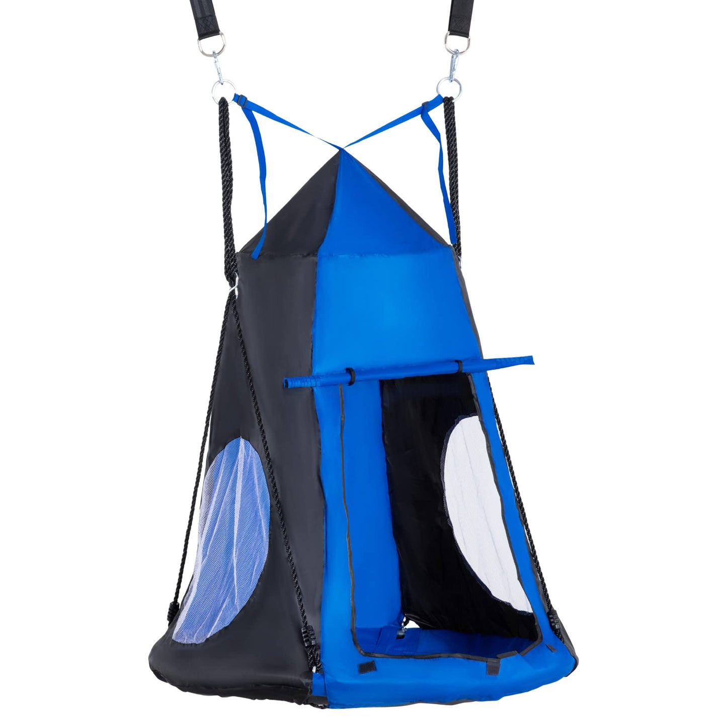 Outsunny Columpio con Tienda Infantil Columpio Nido con Puerta Enrollable y 2 Ventanas de Malla para Niños y Adultos Carga MAX. 200 kg Interior y Exterior Ø100x180 cm Negro y Azul