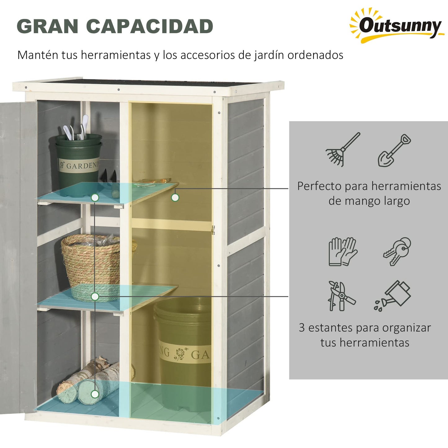 Outsunny Caseta de Jardín de Madera 75x56x115 cm Armario Cobertizo de Exterior para Herramientas con 3 Estantes Interiores Puerta con Pestillo y Techo Asfáltico Gris