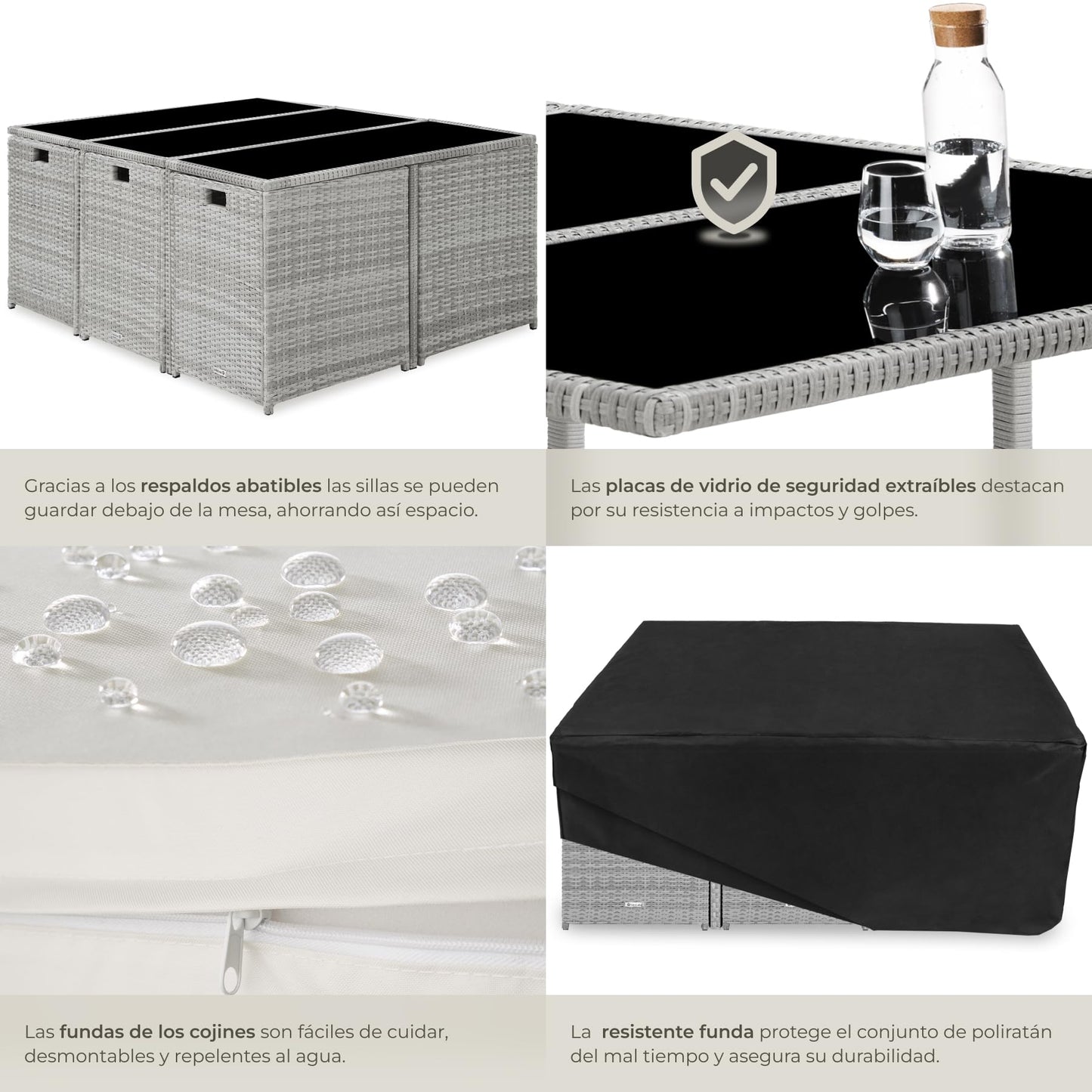 TecTake® Conjunto Jardín Exterior de Ratán y Acero, Agrupable en Cubo, Muebles Jardín Exterior Resistente a la Intemperie, para 6-10 Personas, Fundas Extraíbles y Funda Protectora - Gris Claro