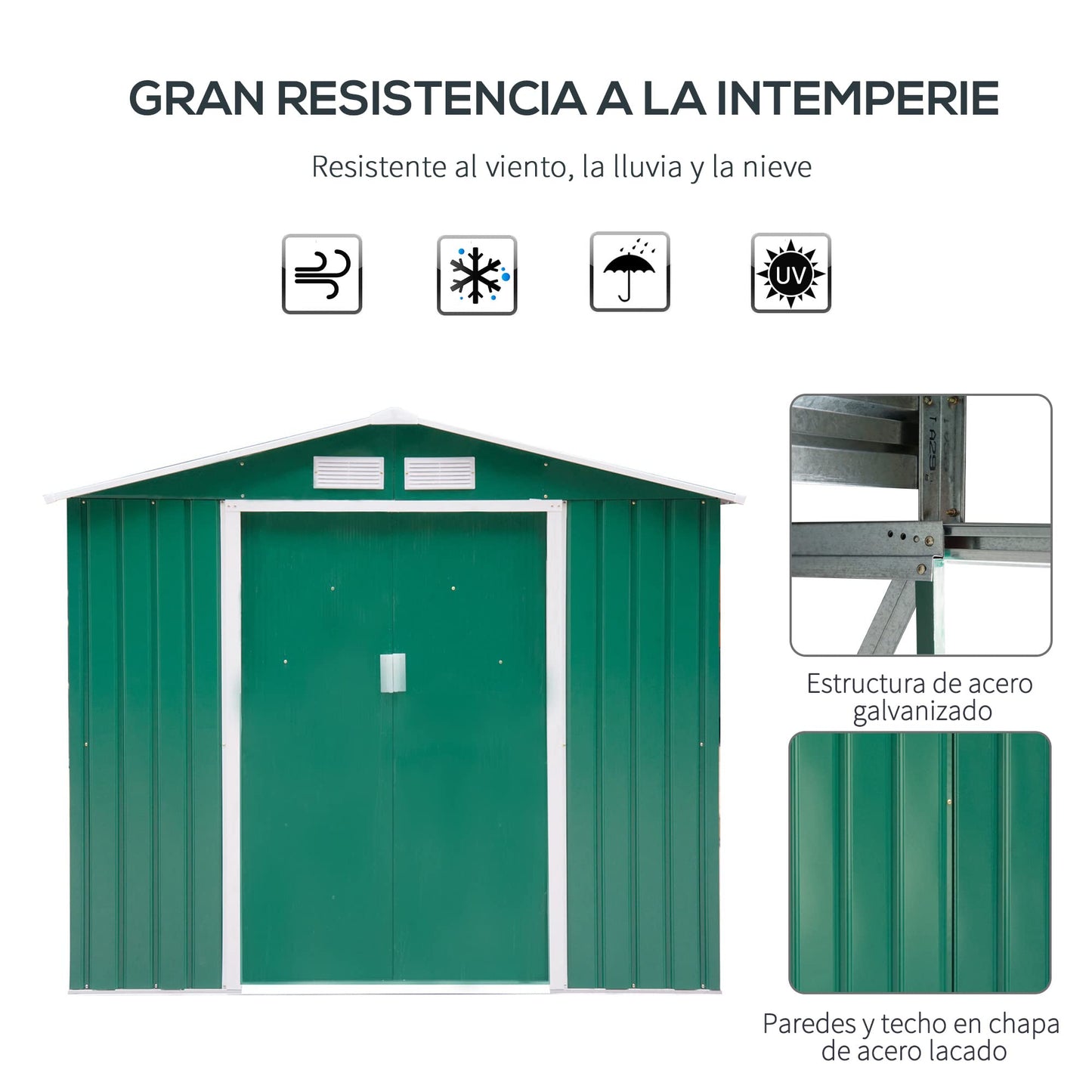 Outsunny Caseta de Jardín con Base 213x130x185 cm Cobertizo Metálico de Exterior para Almacenamiento de Herramientas con 2 Puertas Correderas y 4 Ventanas para Terraza Gris