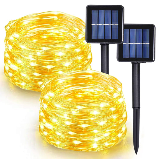 GHONLZIN Guirnaldas Luces Exterior Solar, 2 Paquete 150 Luces LED Solares Exteriores Jardin IP65 Impermeable con 8 Modos de Iluminación, 15M/49Ft Cadena de Luces Decoracion para Navidad,Jardines