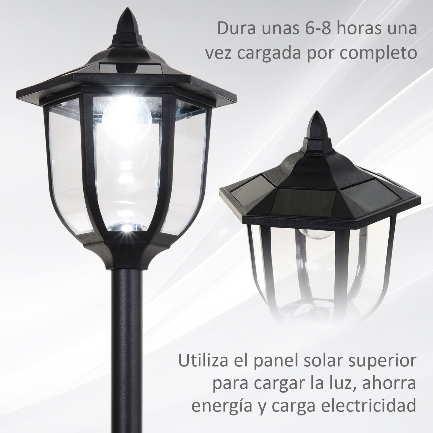 Outsunny Farola Solar con Panel Solar a Cargar Batería Protección al Ambiente 6 LED Perfecto para Noche Encendido Automático Autonomía de 6 Horas Instalar Fácil Negro Ø26,5 x 177cm