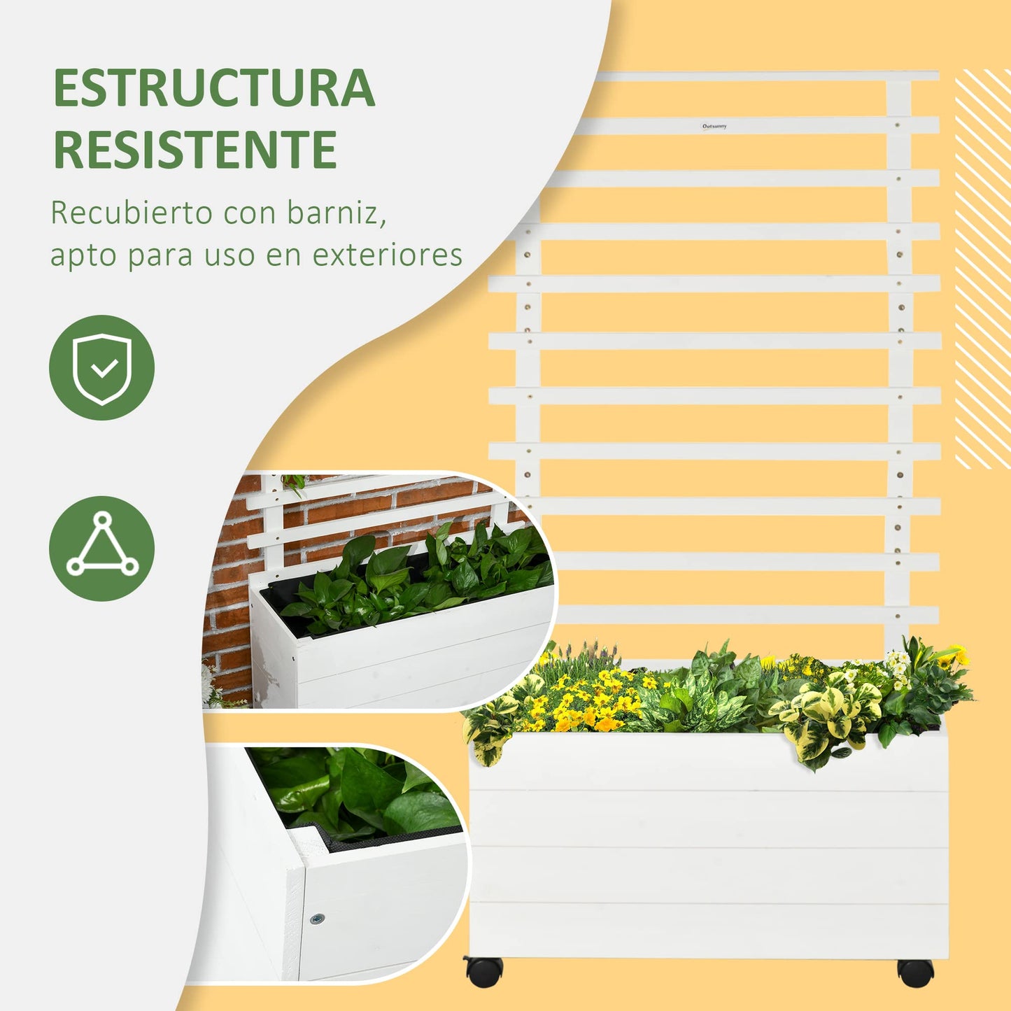 Outsunny Jardinera con Enrejado de Madera Maciza con 4 Ruedas Macetero de Jardín con Soporte para Trepadora y Tela Geotextil para Cultivos Plantas Flores 76x30x155 cm Blanco