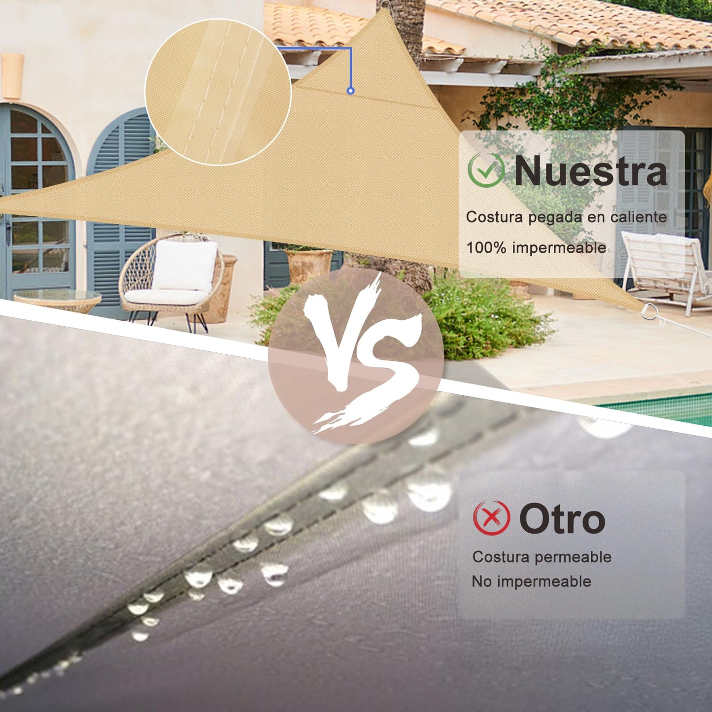 SUNNY GUARD Toldo Vela de Sombra Impermeable 4x4x4m Triangular a Prueba de Viento protección UV para Patio,Jardín, Exteriores, Terraza, Color Arena
