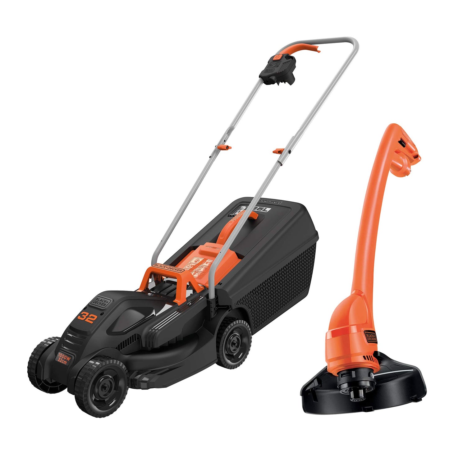 BLACK+DECKER Cortacésped eléctrico 1000W, ancho de corte 32 cm, ajuste de altura de 20-60mm, depósito de 35L, incluye desbrozadora 250W, sistema E-Drive, para jardines hasta 250m², BEMW351GL2