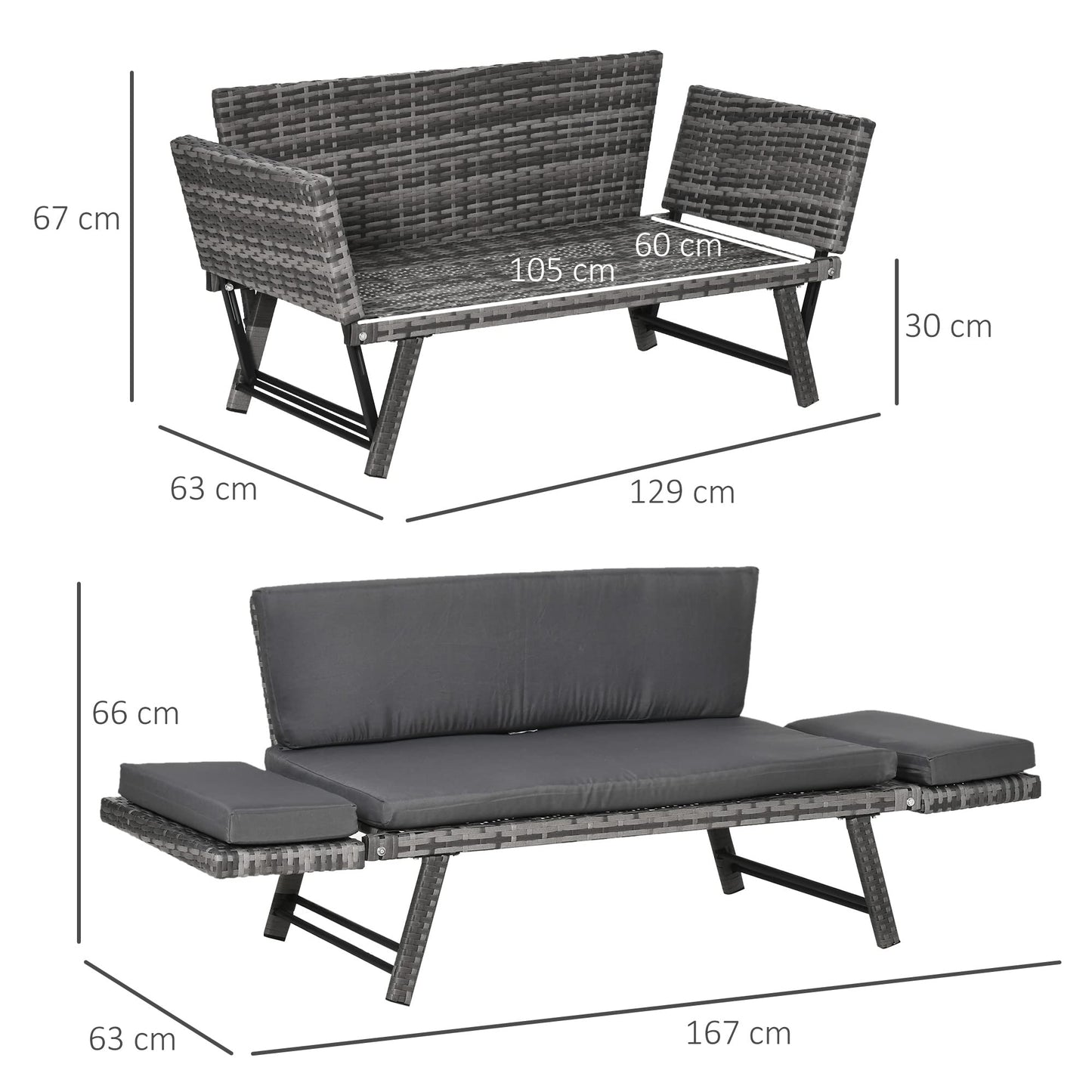 Outsunny Sofá de Ratán de 2 Plazas Convertible en Cama Individual 129x63x67 cm con Reposabrazos Abatibles y Cojines Acolchados Sofá Doble para Jardín Patio Terraza Gris
