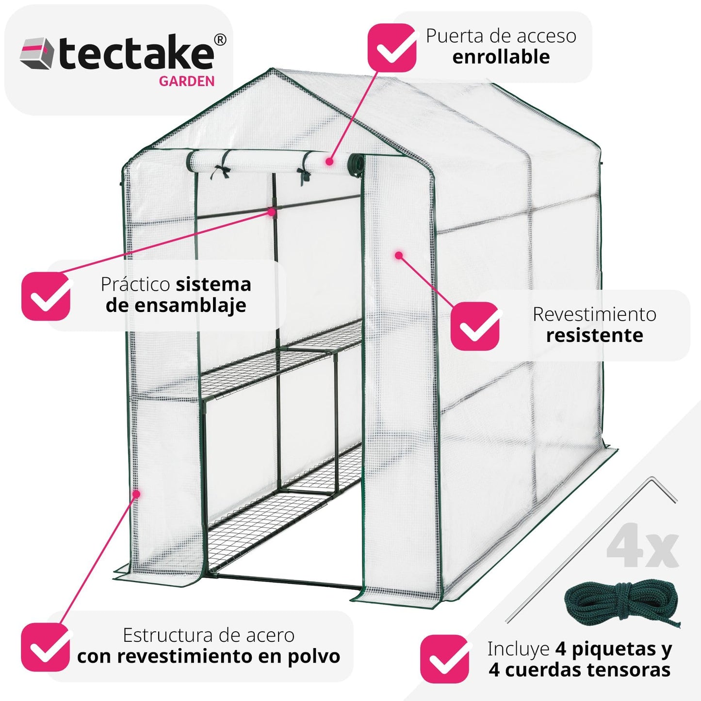 tectake® Invernadero Exterior con 4 Baldas Metálicas de Rejilla, Cubierta de PE contra UVA, Invernadero Terraza 186x120x190cm, Caseta Jardin Exterior con Cuerdas Tensoras y Piquetas, Fácil Montaje