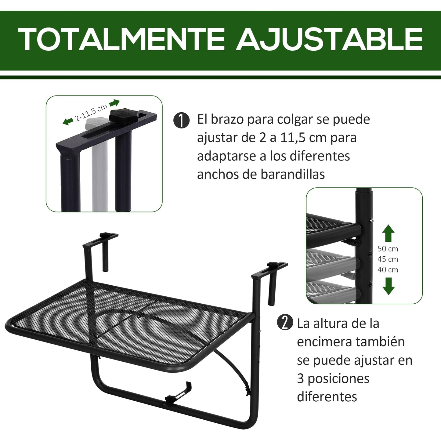 Outsunny Mesa Colgante de Balcón con Brazo Regulable y Altura Ajustable en 3 Posiciones Marco Metálico Carga Máx. 30 kg 60x56,5x45 cm Negro