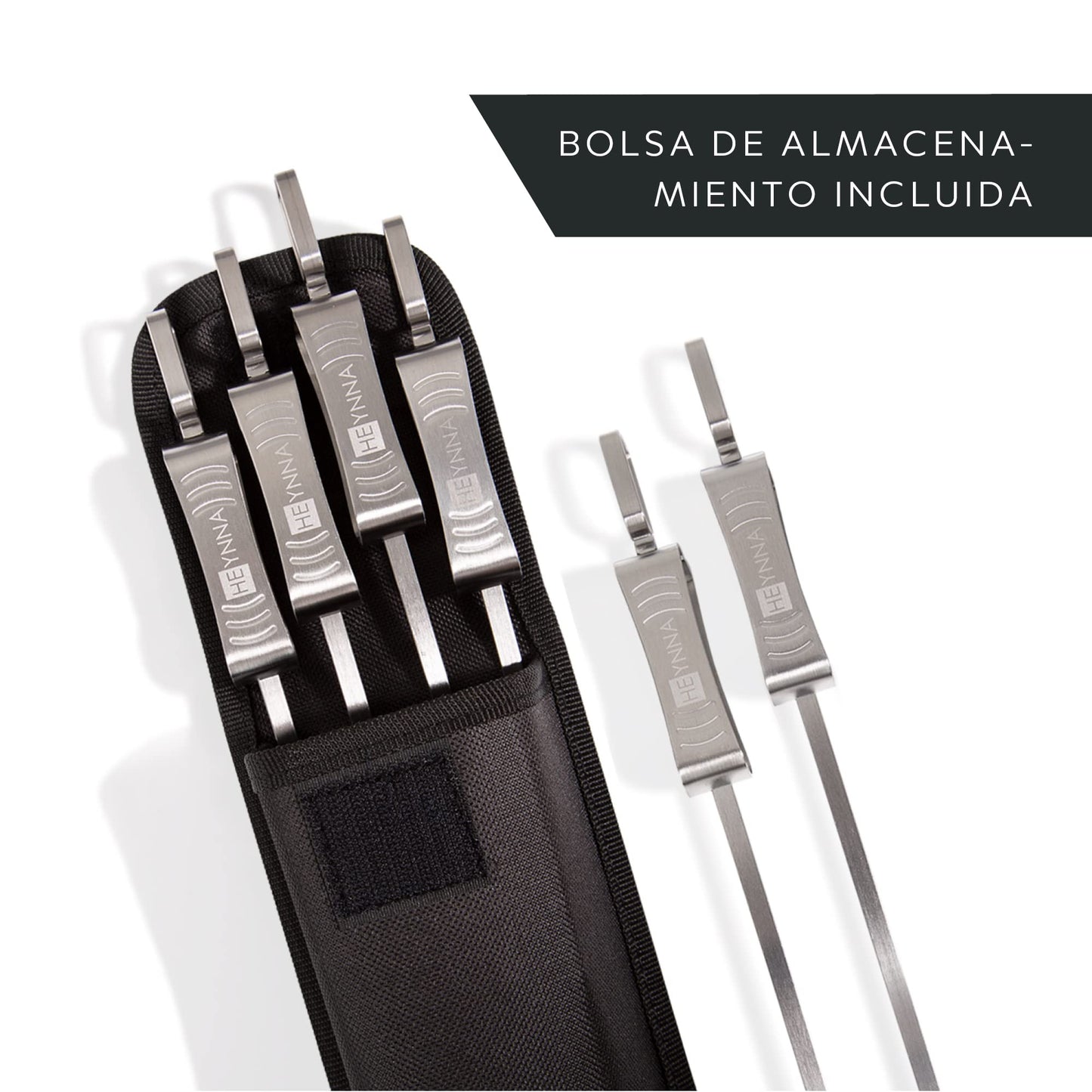 HEYNNA® Pinchos barbacoa acero inoxidable con soporte para barbacoa - Juego de 8 - Brochetas barbacoa con bolsa de almacenamiento - 45 cm