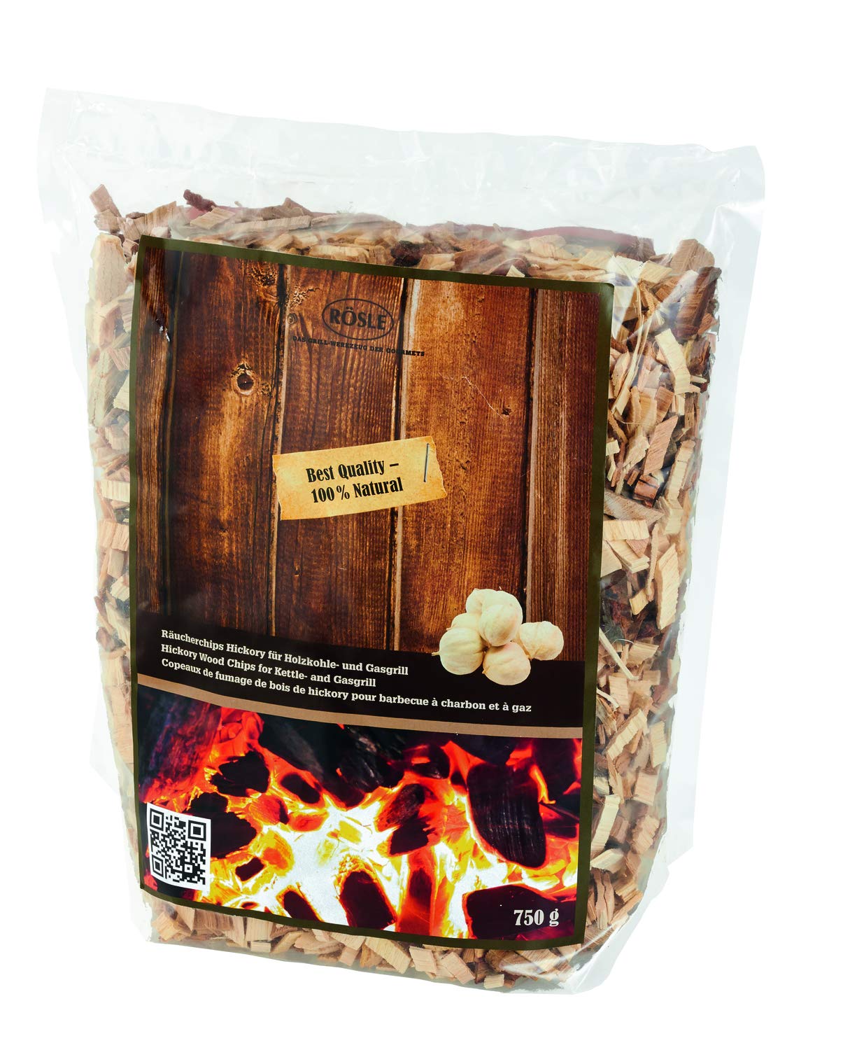 RÖSLE Astillas para ahumar de nogal americano, 750 g, para ahumar en ahumador, barbacoas de carbón y de gas, activas al humo, madera natural, marrón