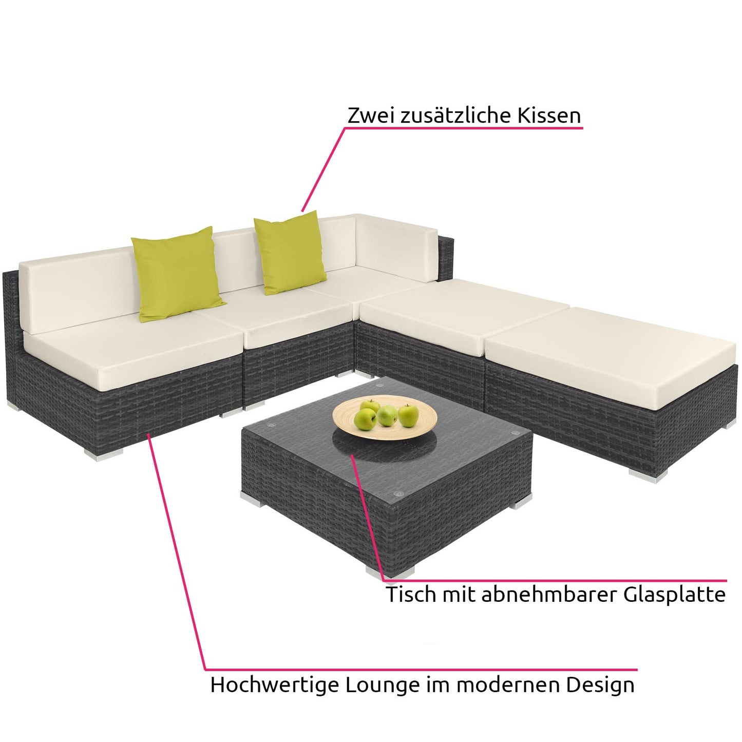 TecTake® Conjunto Jardín en Ratán y Aluminio con Cojines de 10 cm, Conjunto Terraza Resistente a la Intemperie, Muebles Jardín Exterior 3 Sillones, 1 Puf, 1 Mesa con Cristal, Fundas Extraíbles - Gris