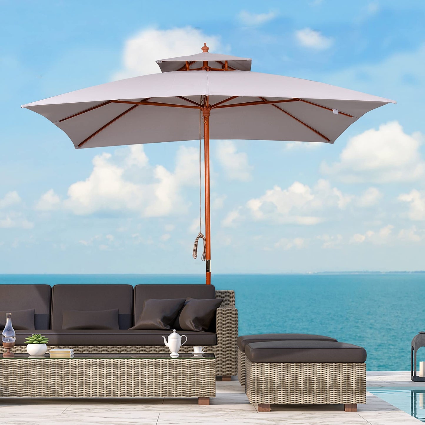 Outsunny Sombrilla de Jardín 3x3x3 m Parasol de Jardín de Bambú con Doble Techo Sistema de Polea Impermeable para Terraza Balcón Exterior Gris