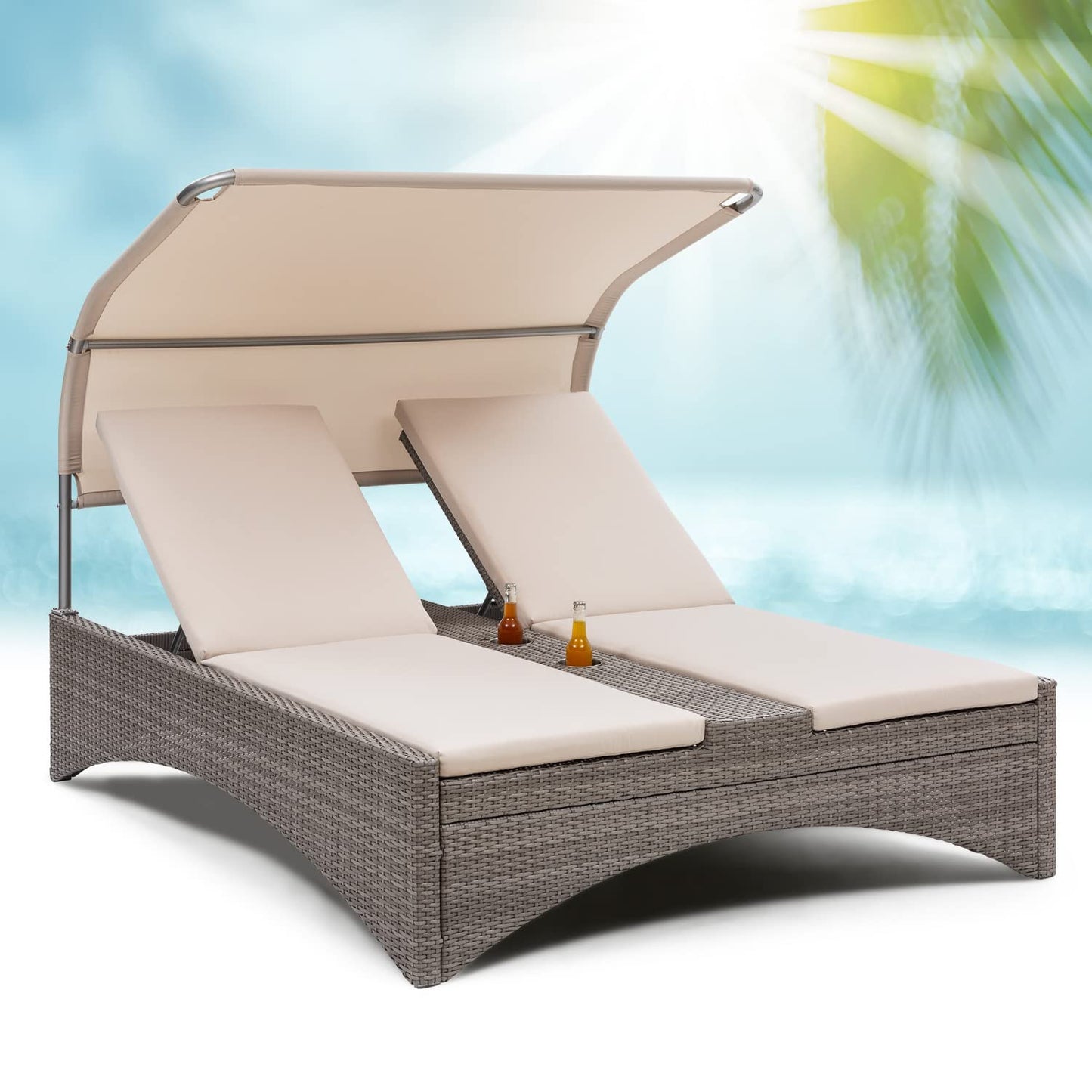 blumfeldt Cama/Tumbonas Jardin Exterior, Tumbona Doble de Ratán con Techo Solar Impermeable, para Piscina 2 Plazas, Sofá Ratán, Hamacas Respaldo Ajustable