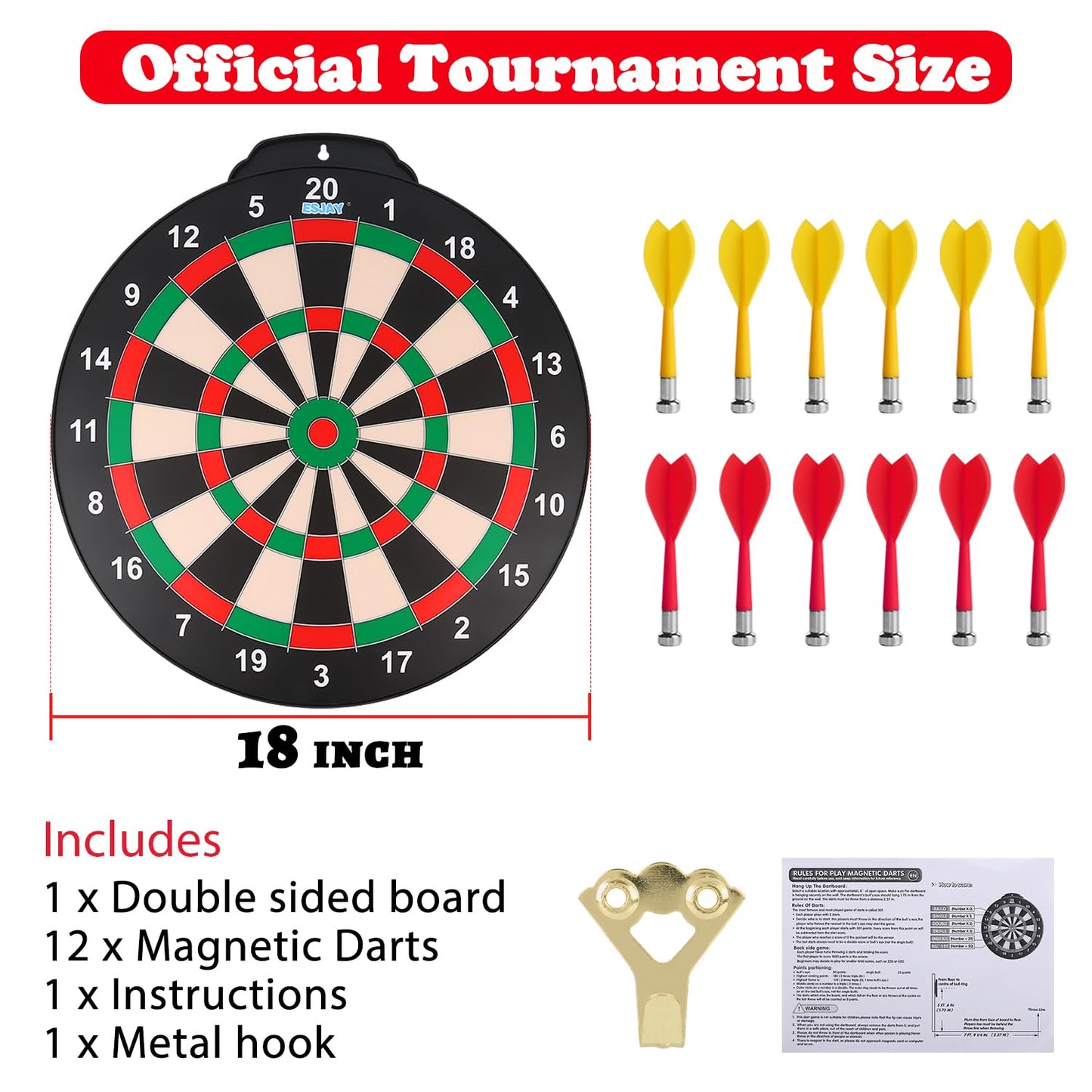 Juego de Dardos magnéticos de Esjay, Juego de Dardos Seguro para niños, Juguete de Regalo para Interiores y Exteriores, Juego con 12 Dardos de Doble Cara, Diana de 18 Pulgadas de tamaño Grande