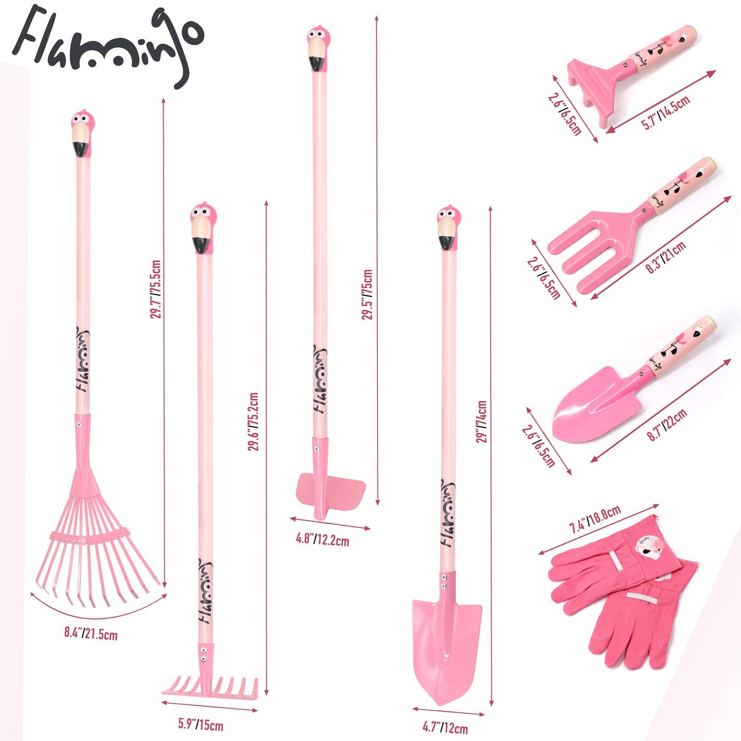 Hortem Las herramientas de jardinería para niños incluyen herramientas largas de metal con cabeza 3D de flamenco, pala, guante de jardín para niños, regalos de jardinería de Halloween para niños