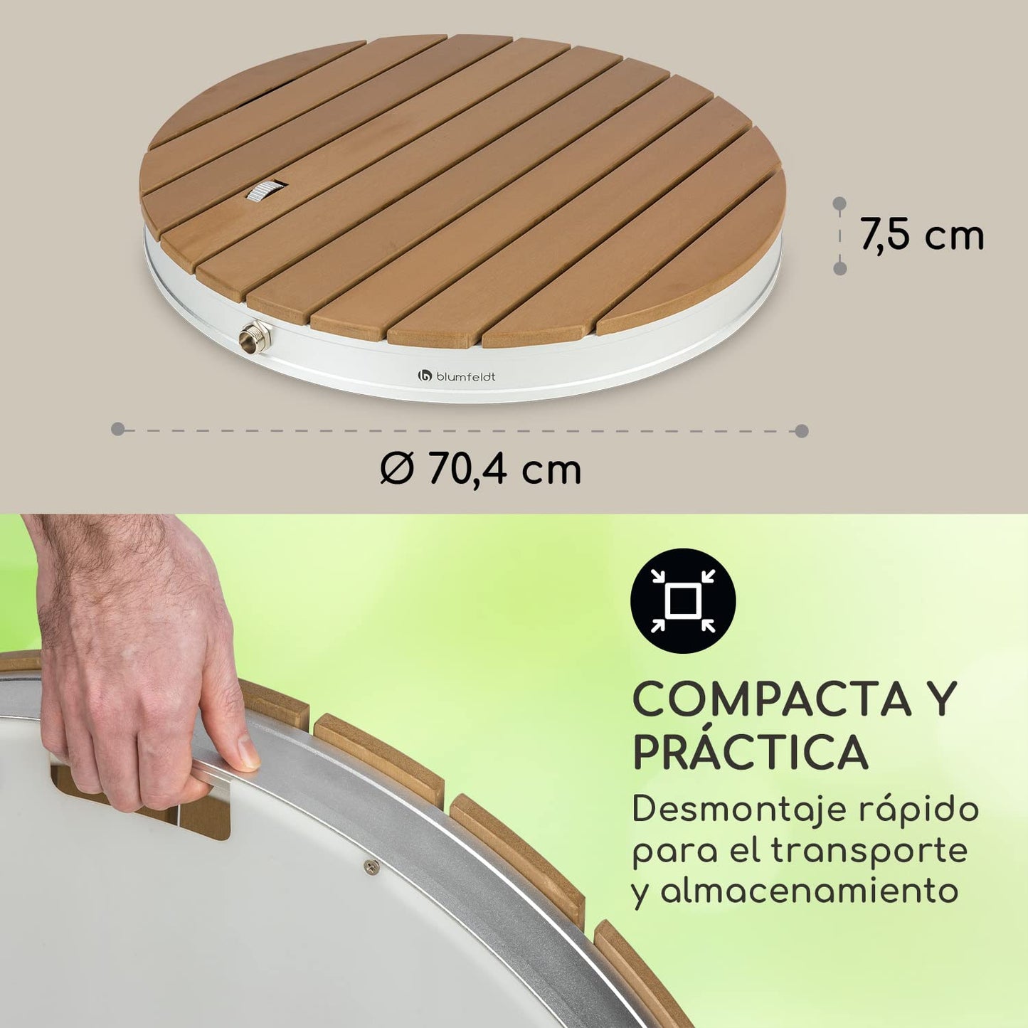 Blumfeldt Garden Shower Sumatra Breeze Round SL - ducha de jardín ducha exterior piso de ducha ducha exterior ducha de sauna, Altura ajustable hasta 4 m, Material: Aluminio / WPC, Ø 70 cm, marrón