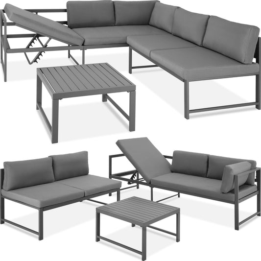 tectake® Conjunto Muebles Jardín Exterior Agrupables, 2 Sofás Reclinables con Cojines y 1 Mesa, Mesa y Sillas Terraza Impermeables y Resistentes a Intemperie, Estructura de Aluminio - Mesa con Láminas