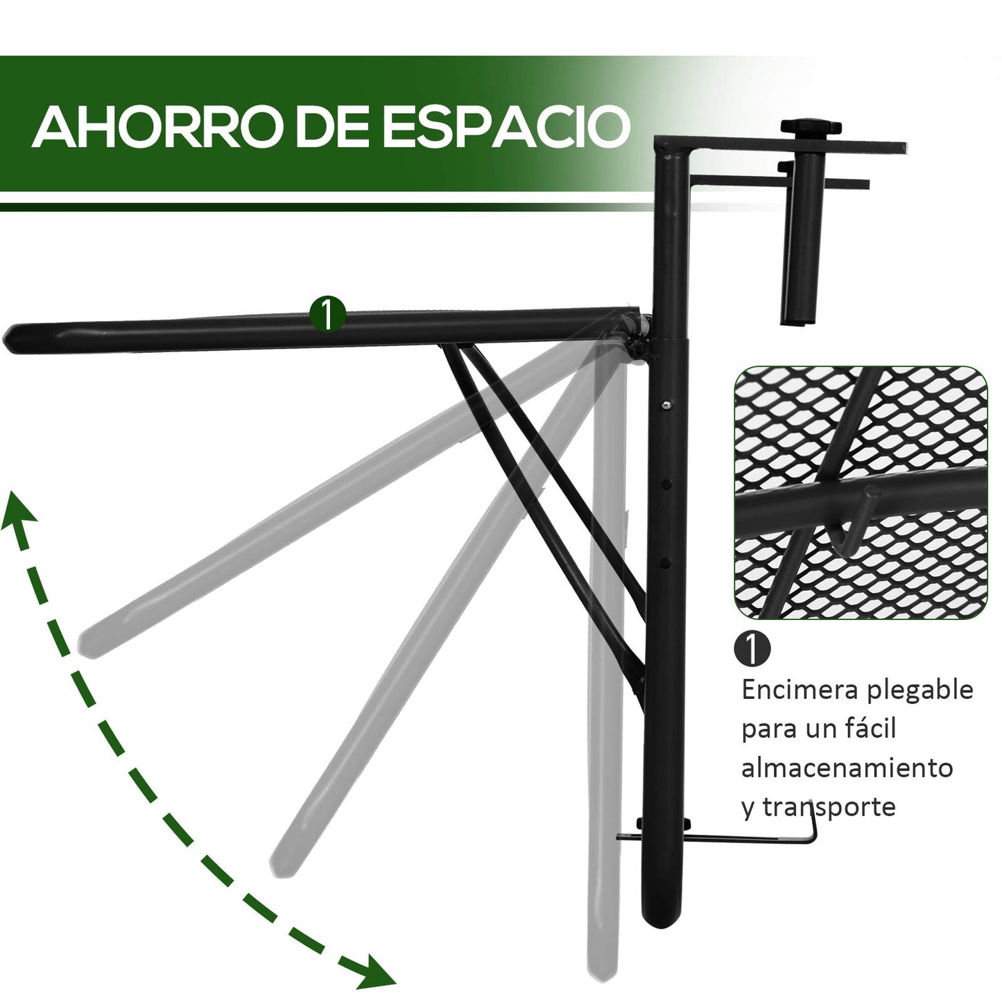 Outsunny Mesa Colgante de Balcón con Brazo Regulable y Altura Ajustable en 3 Posiciones Marco Metálico Carga Máx. 30 kg 60x56,5x45 cm Negro