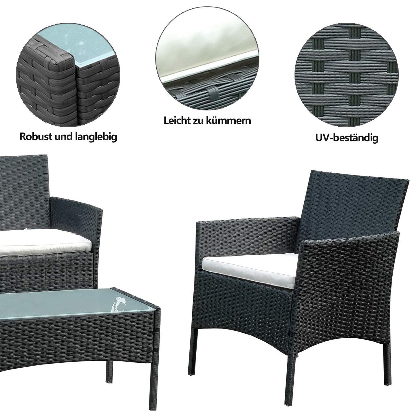 Izrielar Juego de Muebles de jardín de polirratán para balcón, Juego de Muebles de jardín con sofá, sillas Individuales, Mesa y cojín de Asiento, Muebles de terraza (Negro) (ZA4778-M-1z)