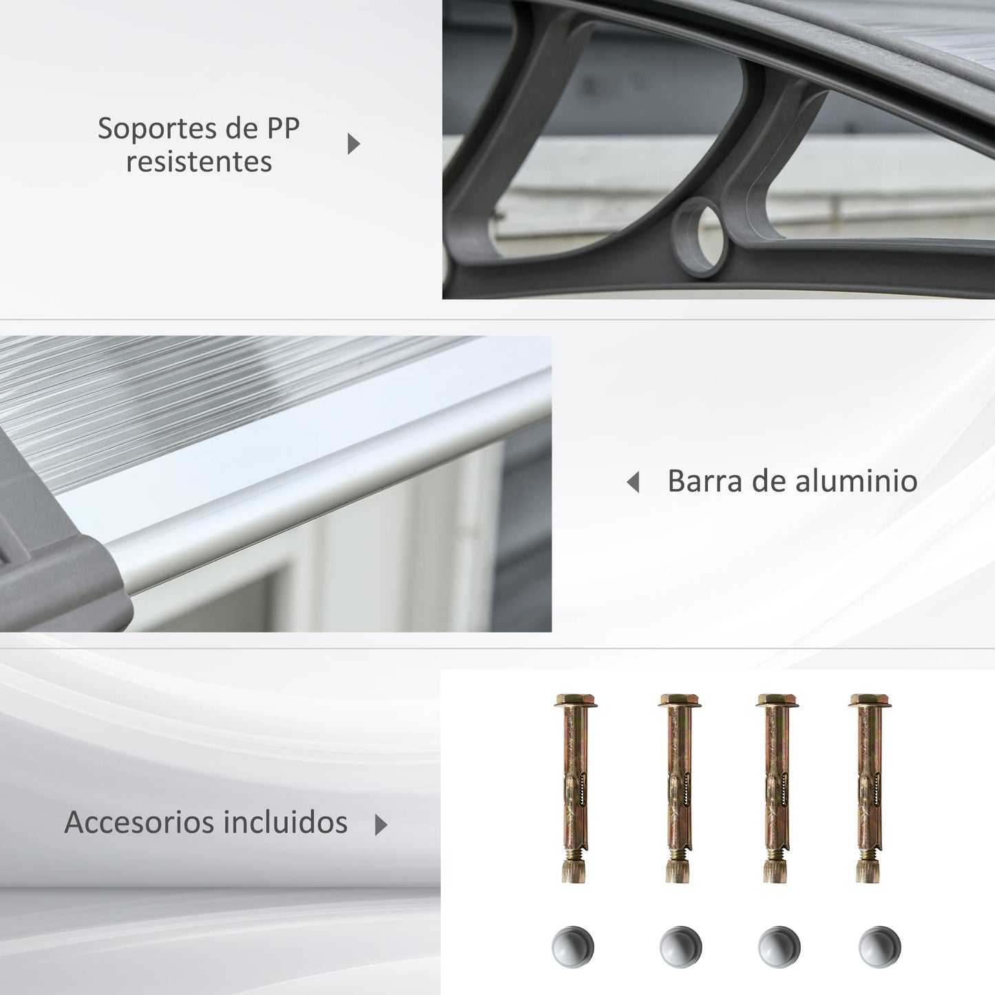 Outsunny Tejadillo de Protección 110x60 cm Marquesina Exterior para Puertas y Ventanas contra Sol y Lluvia con Soporte de PP Policarbonato Transparente
