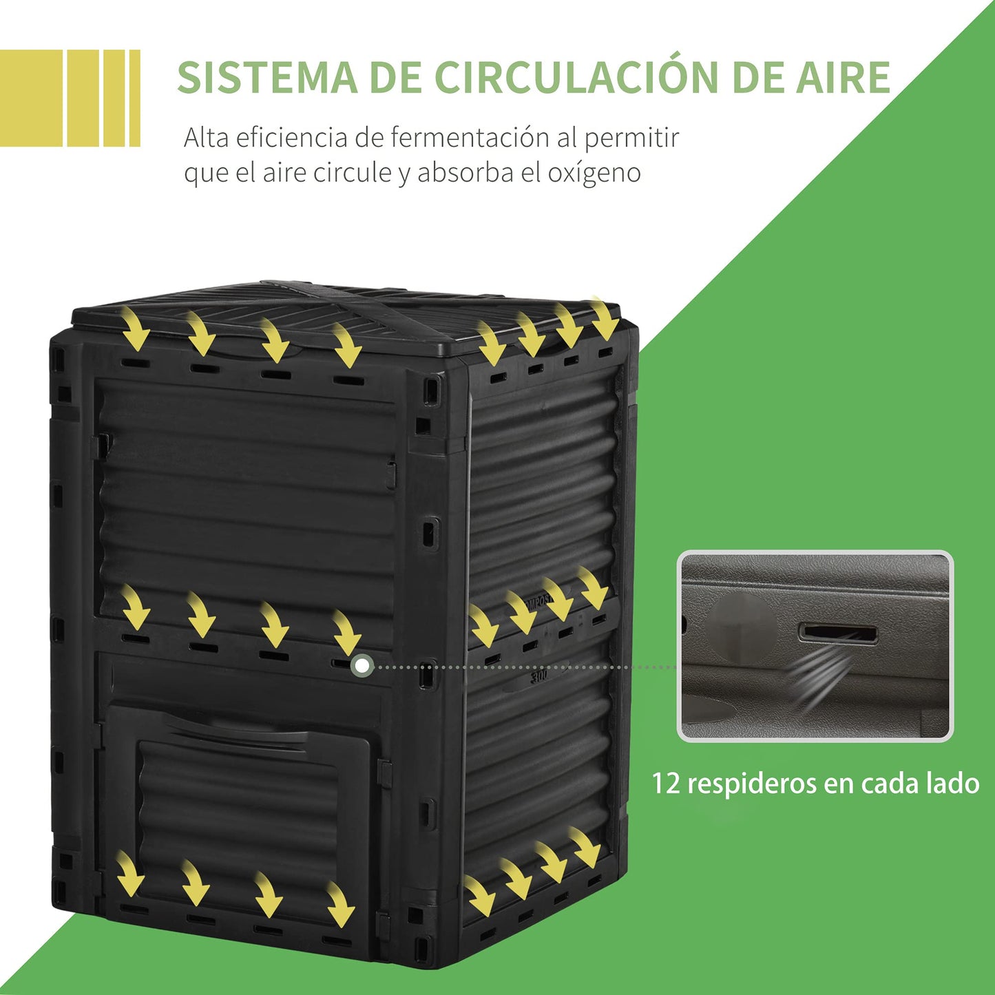 Outsunny Compostador Capacidad de 300L Compostera Orgánica para Producción Abono de Jardín Exterior con 48 Respiraderos 60,5x60,5x81,5 cm Negro