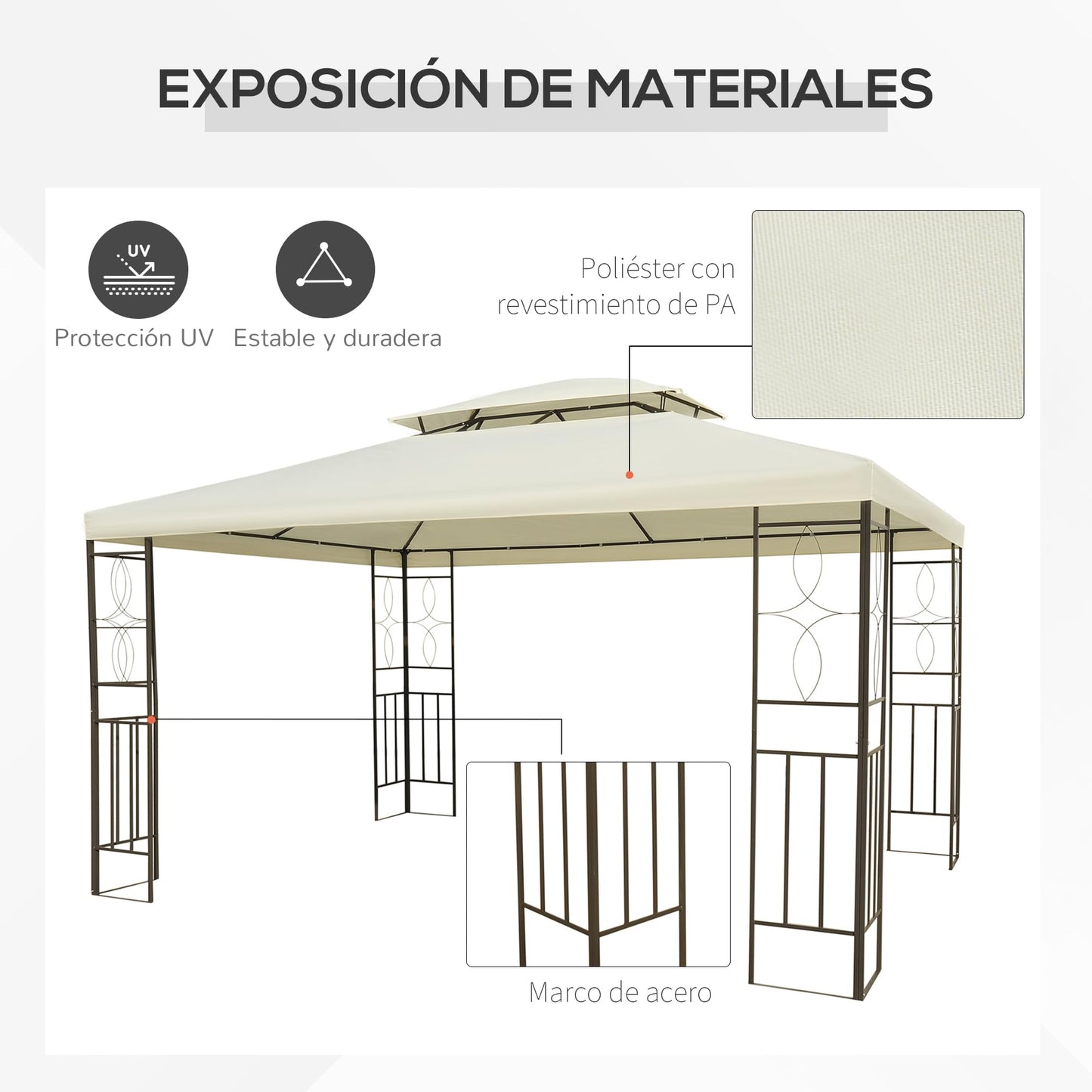 Outsunny Cenador de Jardín 3x4m Pabellón para Exterior con Doble Techo de Ventilación y 4 columnas de Acero Estable para Fiestas Eventos Patio Crema