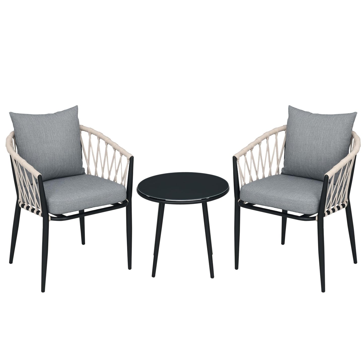 Outsunny Conjunto de Muebles de Jardín 3 Piezas Juego de Muebles de Terraza Incluye Mesa con Encimera de Vidrio Templado y 2 Sillones con Cojines Reposabrazos de Cuerda Polipropileno Gris