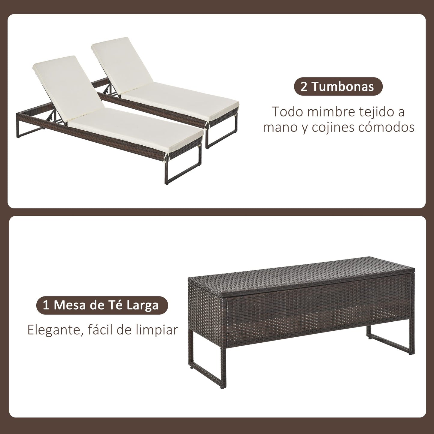 Outsunny Conjunto de 2 Tumbonas de Jardín con Cojines Acolchados Ratán con Mesa Auxiliar para Piscina o Terraza Carga 160 kg 195x60x86 cm Acero Marrón