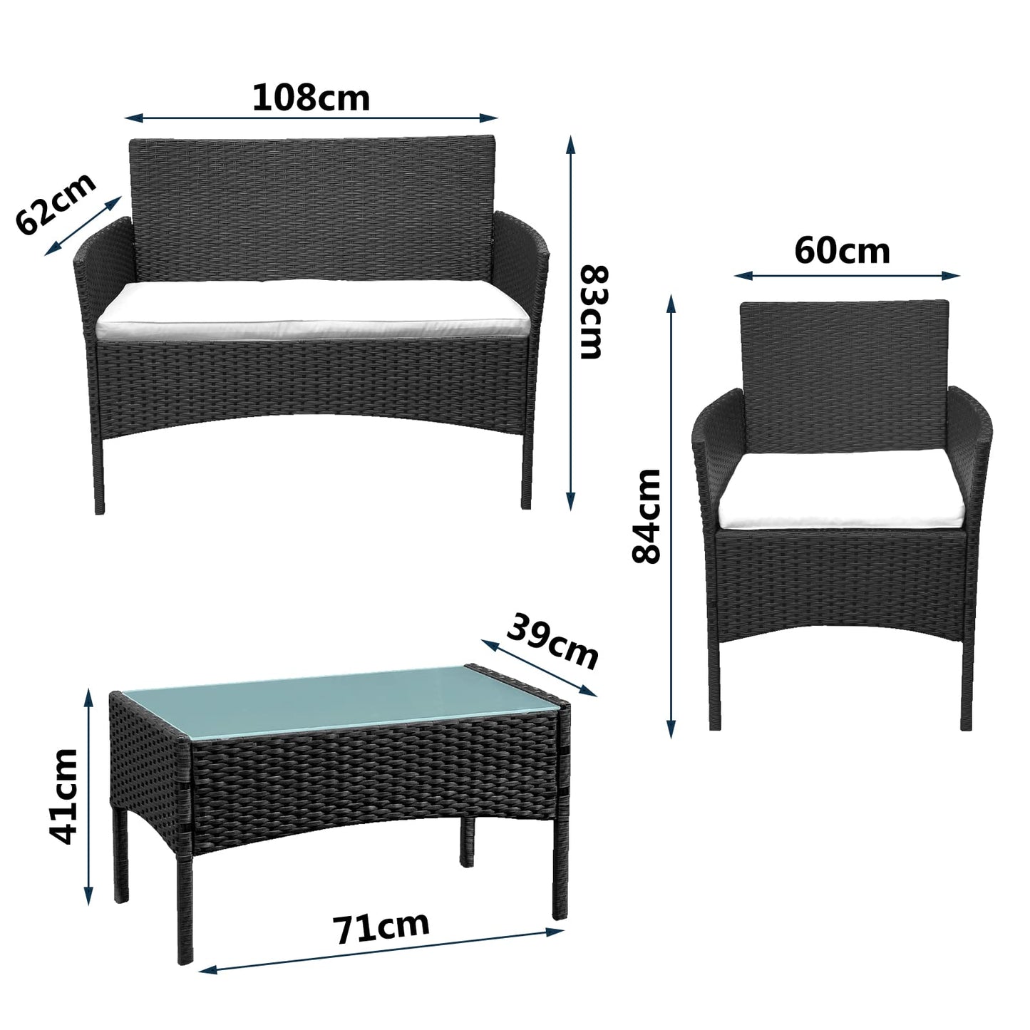 Izrielar Juego de Muebles de jardín de polirratán para balcón, Juego de Muebles de jardín con sofá, sillas Individuales, Mesa y cojín de Asiento, Muebles de terraza (Negro) (ZA4778-M-1z)