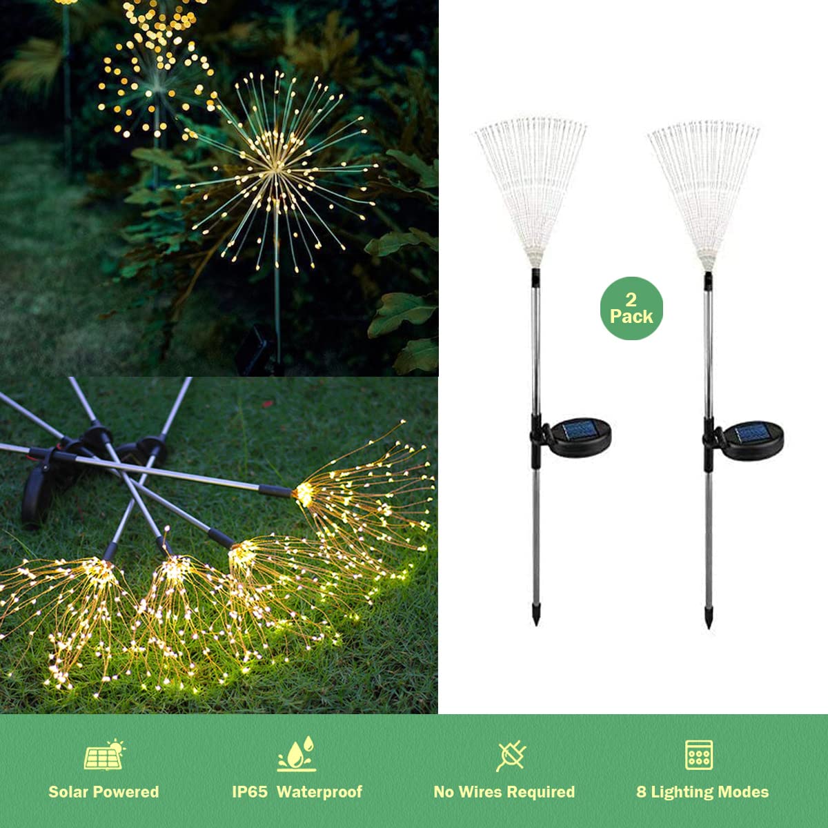 Honche 2 Pack Luces de jardín al aire libre Luz de fuegos artificiales solares Bengalas LED Lámpara blanca cálida para fiesta Boda Jardín Camino Navidad Parque Decoración (warm white)