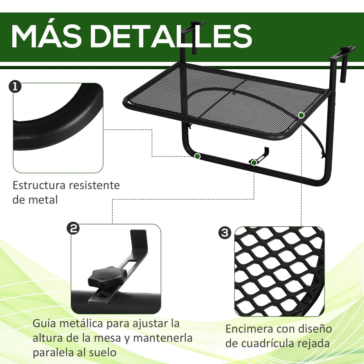 Outsunny Mesa Colgante de Balcón con Brazo Regulable y Altura Ajustable en 3 Posiciones Marco Metálico Carga Máx. 30 kg 60x56,5x45 cm Negro