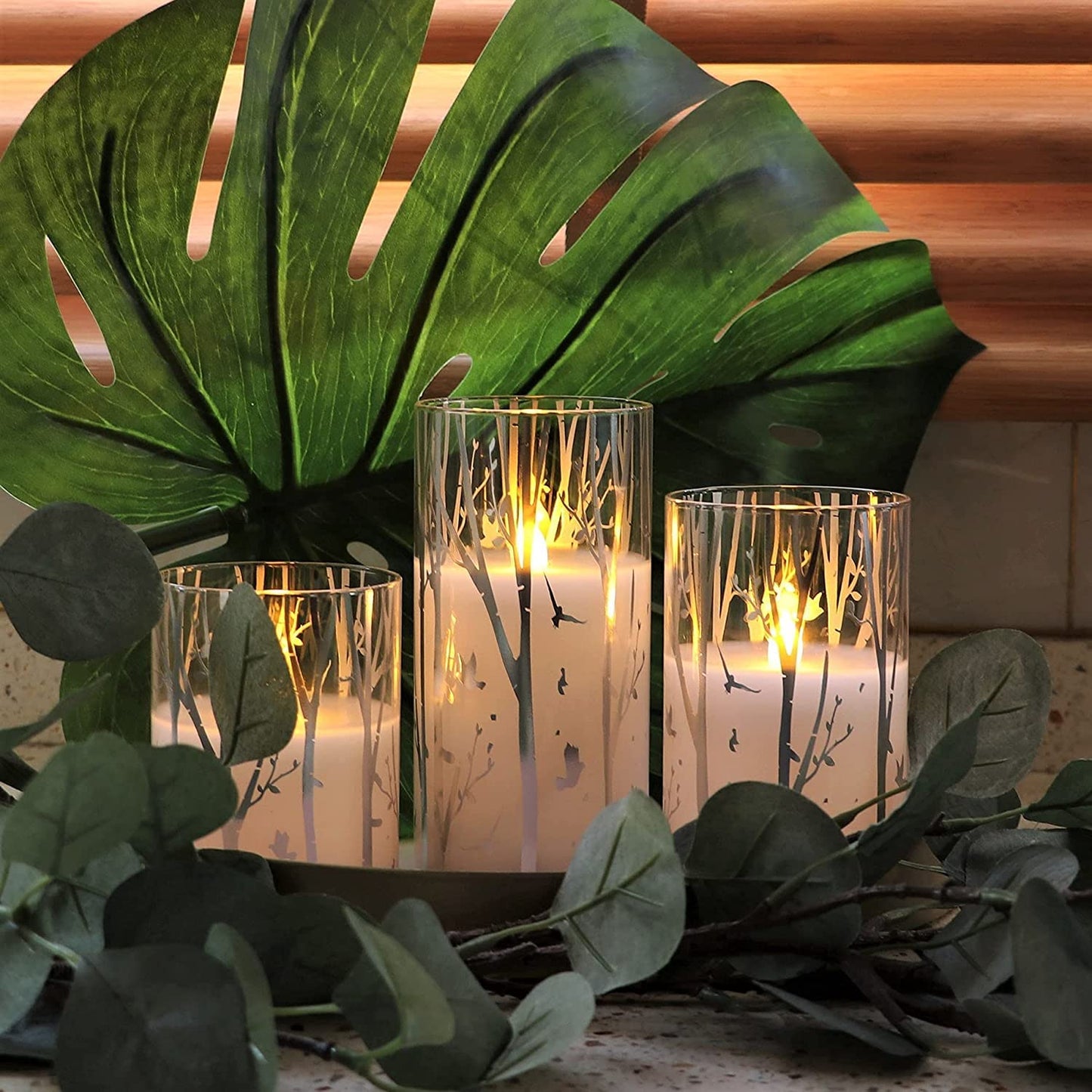 Rhytsing 3 Velas blancas led de Cristal con Mando para Navidad, Velas a Pilas con Temporizador Decorativas Diseño de Abedul, Altura 10cm / 12,5cm / 15cm (Abedul)