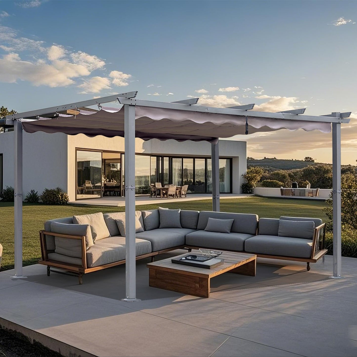 [Actualizado] Angel Living Pérgola de Aluminio con Techo Retráctil, Pabellón con Diseño Elegante, Cenador con Tela de Poliéster Resistente al Agua y a UV, Uso para el Exterior (3 x 4, Gris)