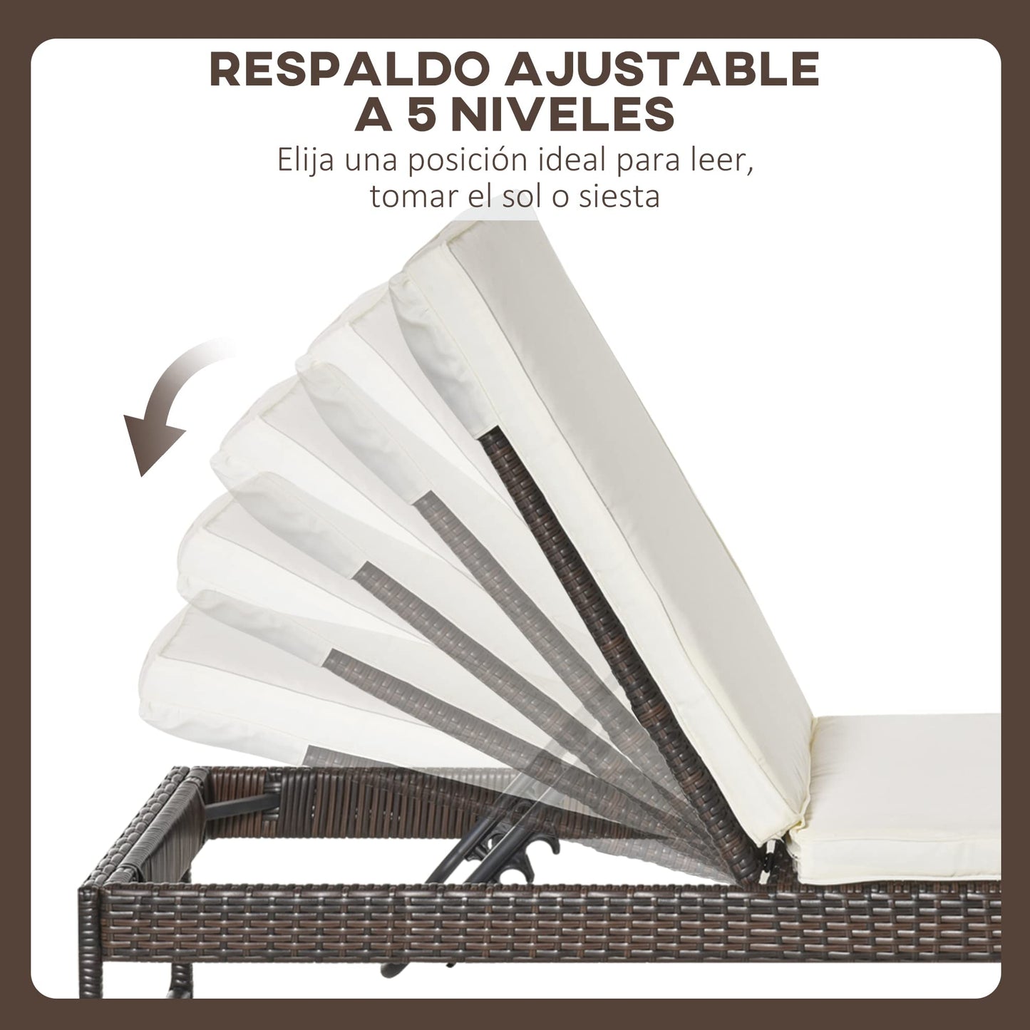 Outsunny Conjunto de 2 Tumbonas de Jardín con Cojines Acolchados Ratán con Mesa Auxiliar para Piscina o Terraza Carga 160 kg 195x60x86 cm Acero Marrón