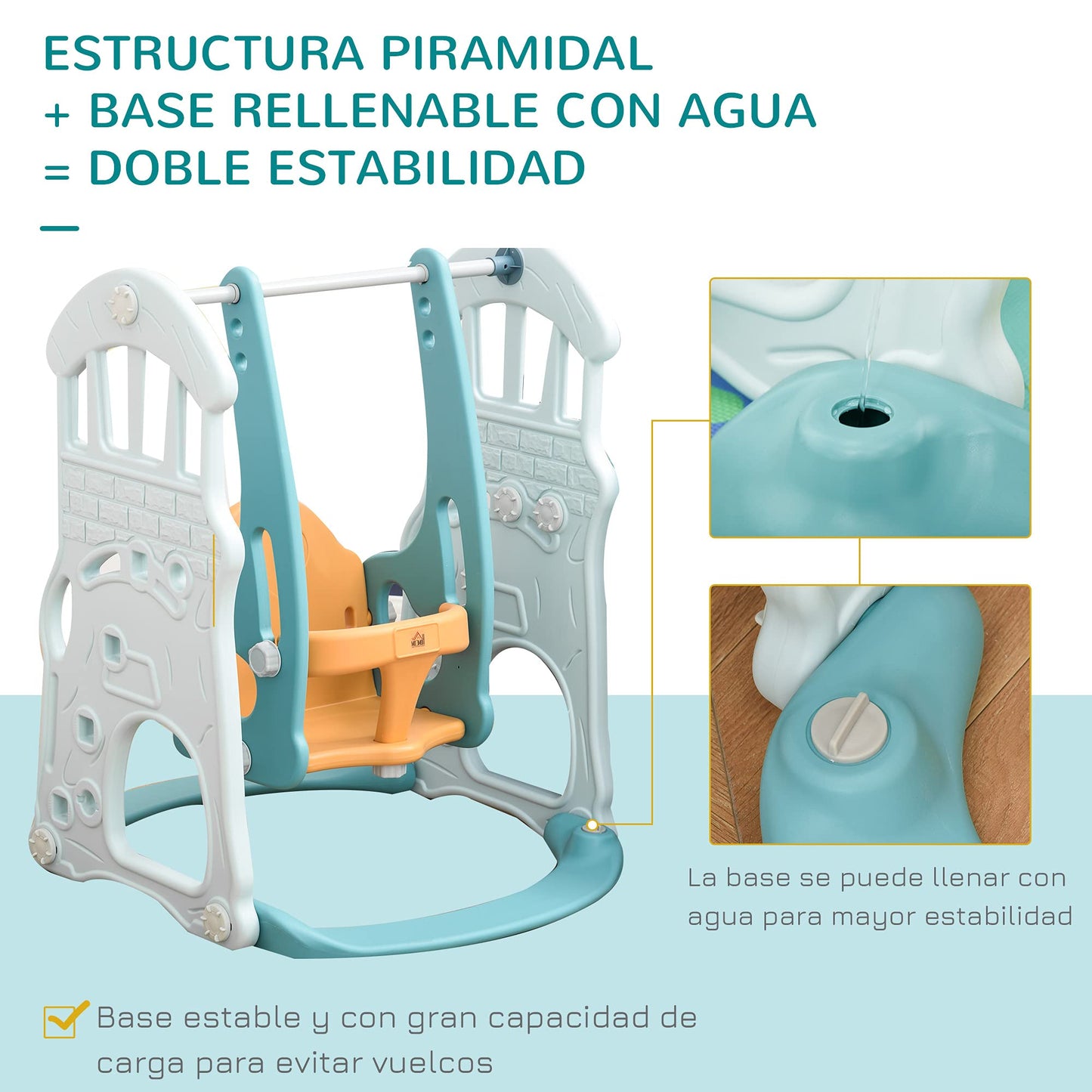 HOMCOM 5 en 1 Tobogán y Columpio para Niños +18 Meses con 2 Canastas de Baloncesto Portería Fútbol con Asiento Ajustable Parque Infantil Interior y Exterior 210x186x133 cm Multicolor