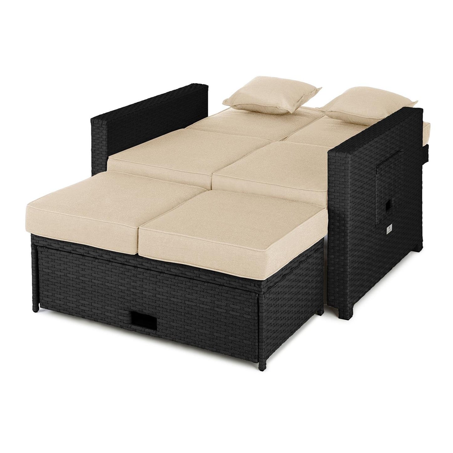 blumfeldt Komfortzone Sofá de ratán Dos plazas con Mesa Plegable (resplado inclinable, apoya pies, para jardín y terrazas, Tumbona, snackbar) - Negro